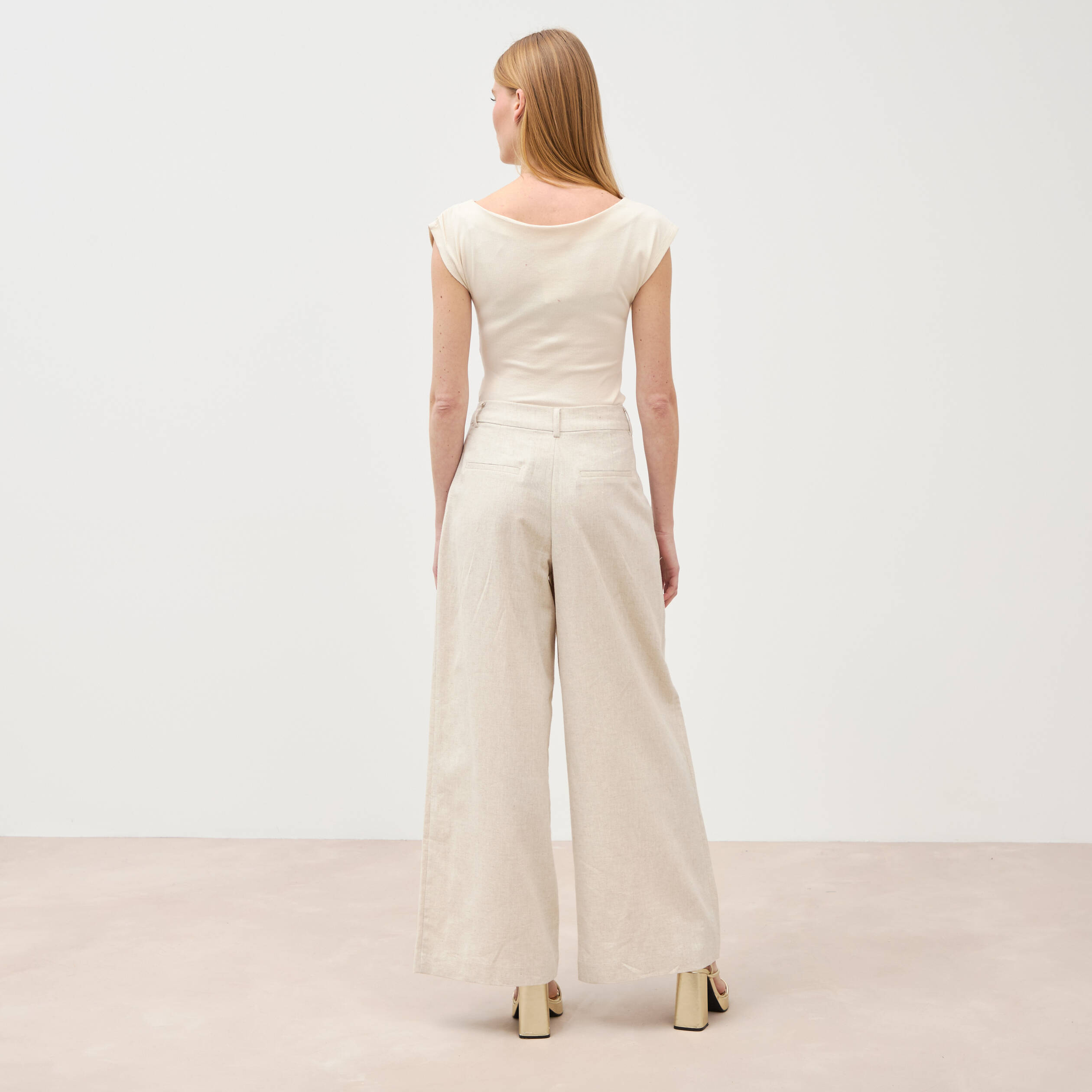 Pantalon large taille haute sable femme