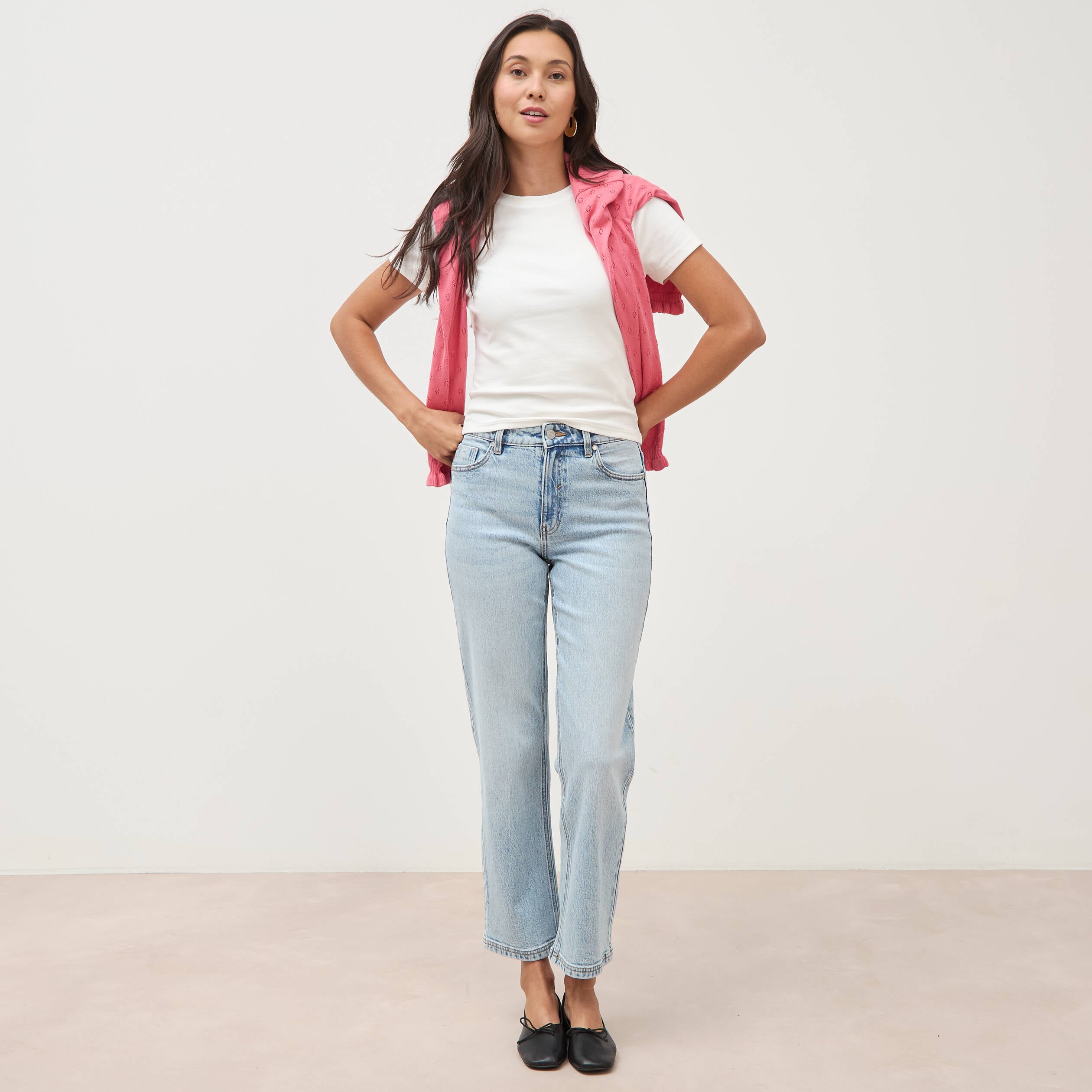 Jeans straight 7/8&egrave;me taille haute denim bleach femme
