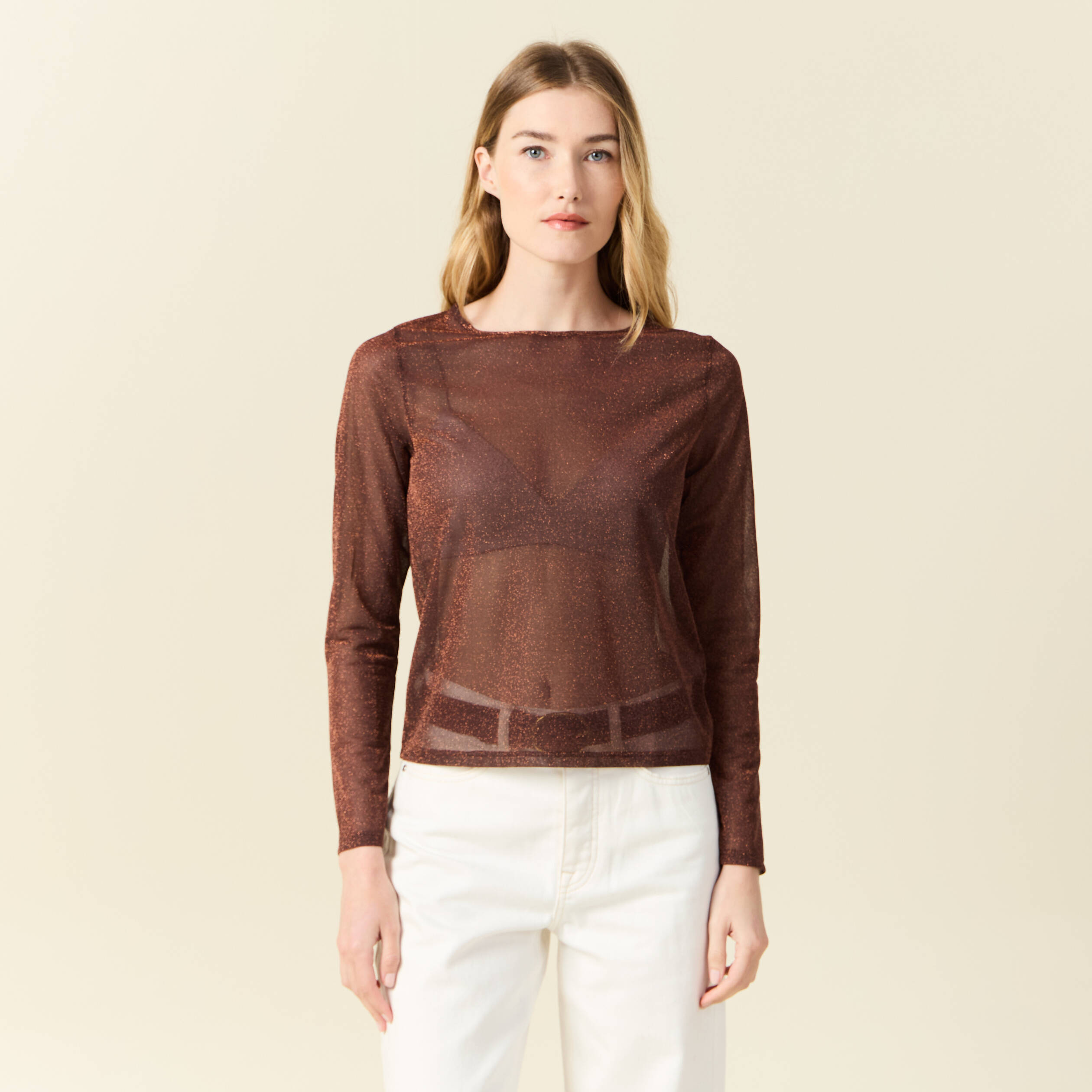 T-shirt manches longues marron cognac femme