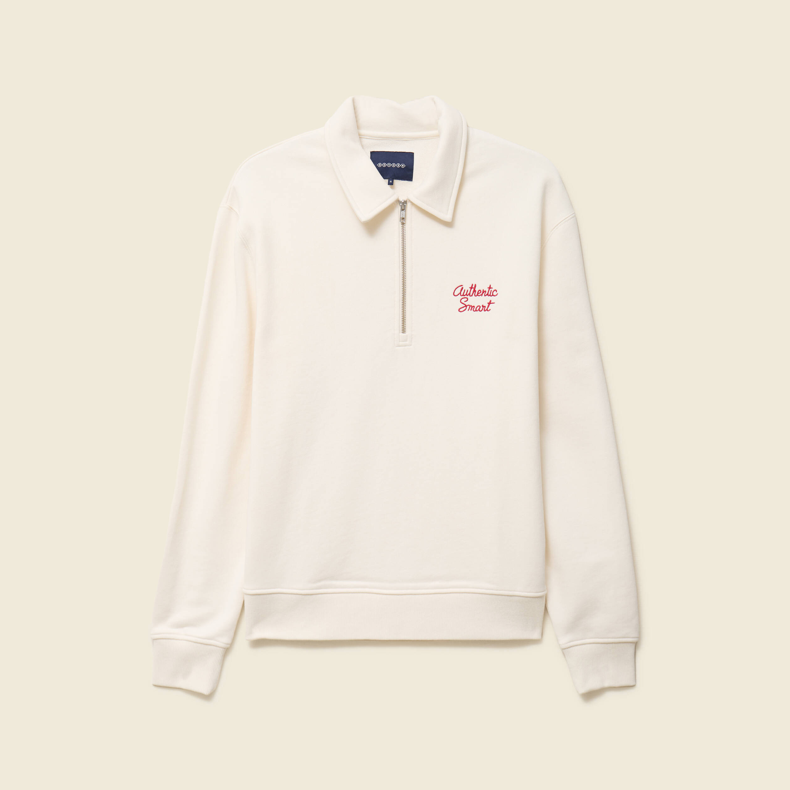 Sweat manches longues col zipp&eacute; en coton ecru homme