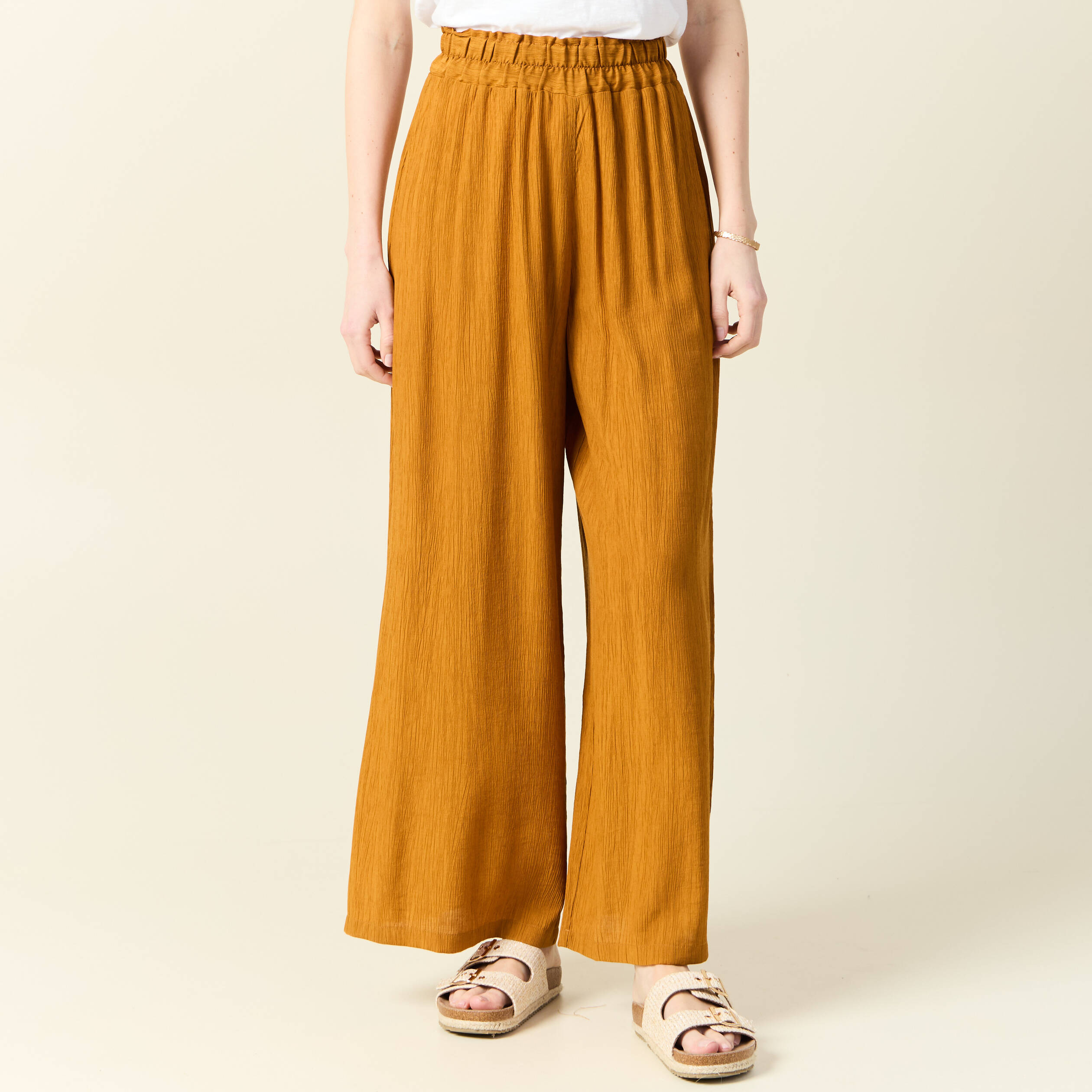 Pantalon large camel femme