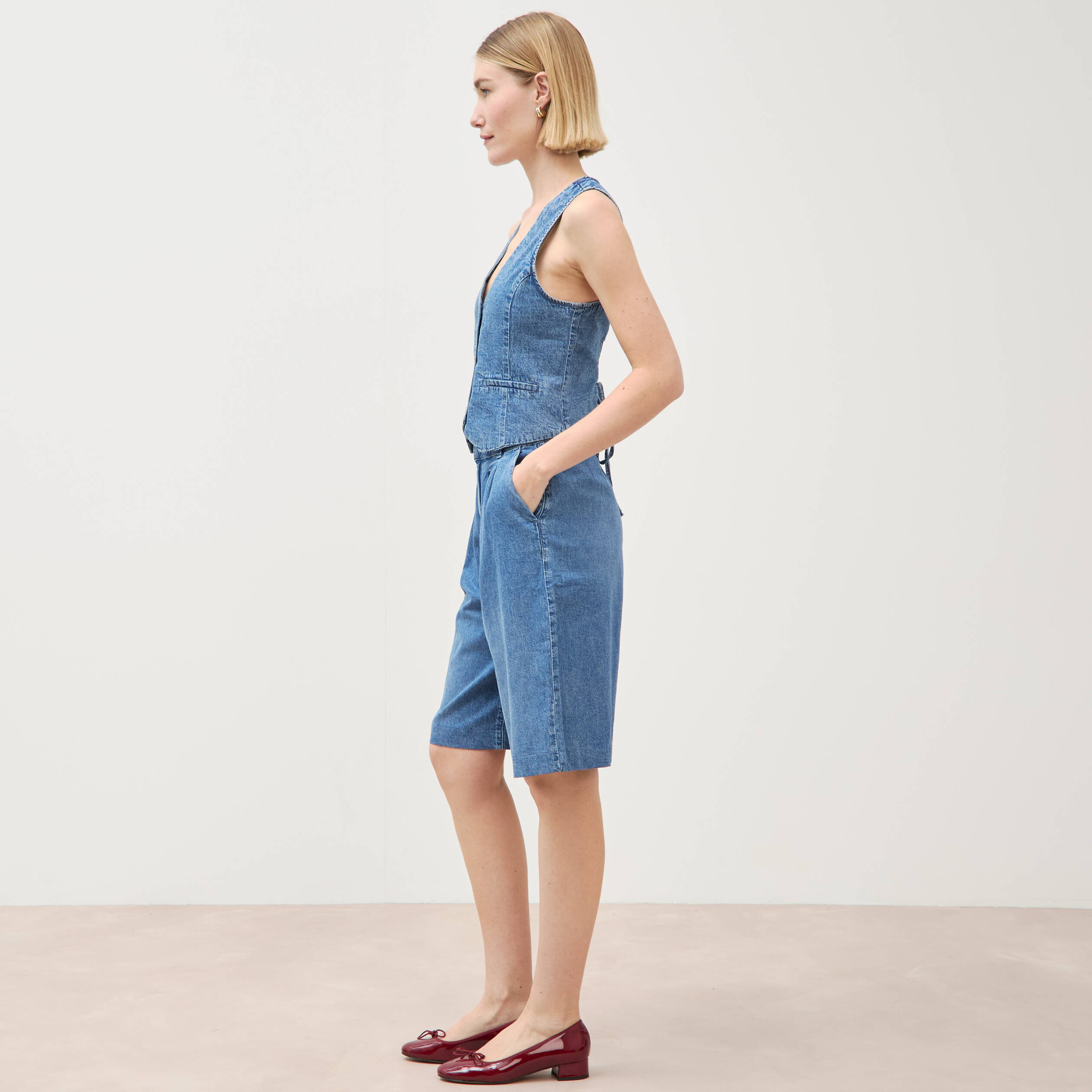 Bermuda jeans large taille haute denim used femme