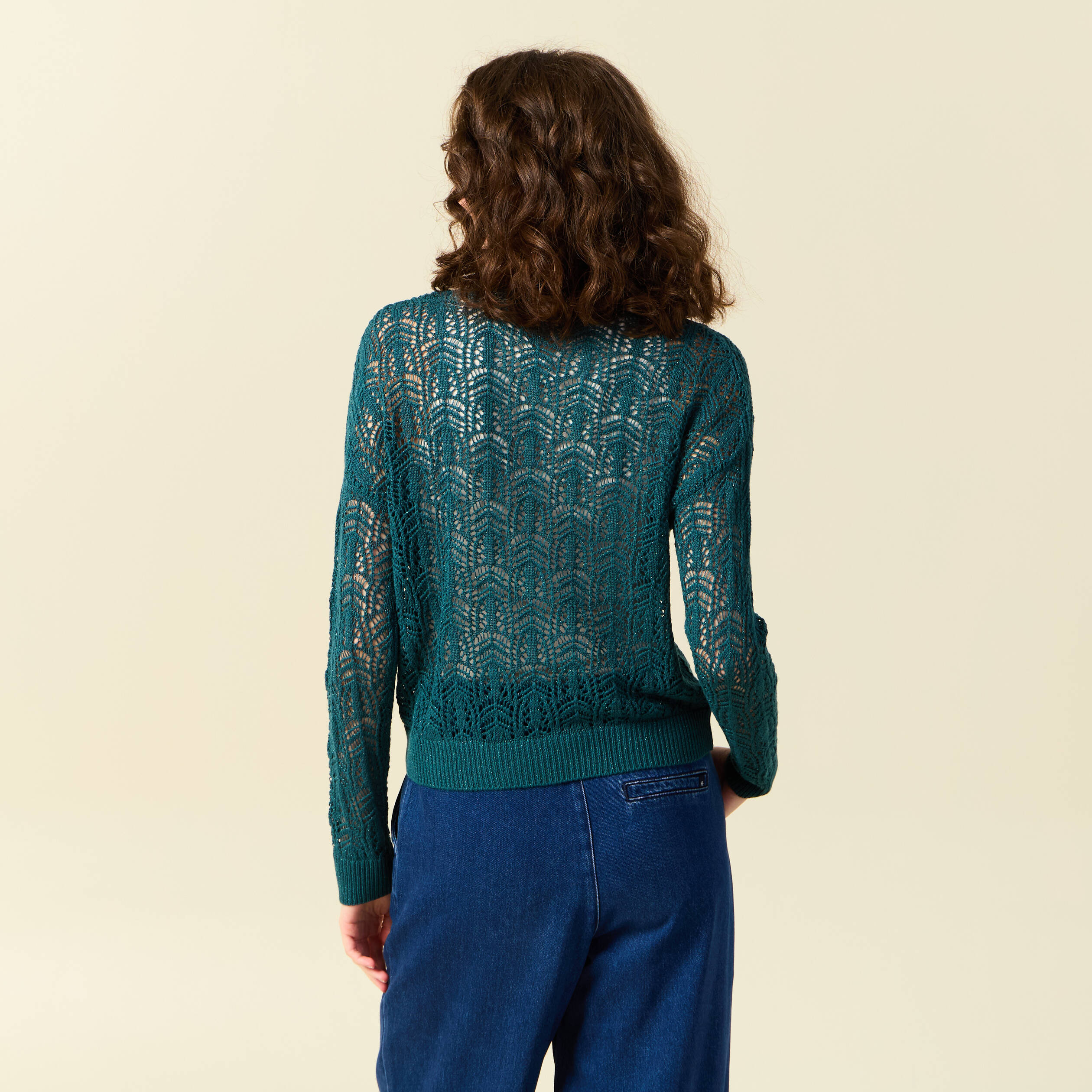 Pull ajour&eacute; manches longues col rond vert canard femme
