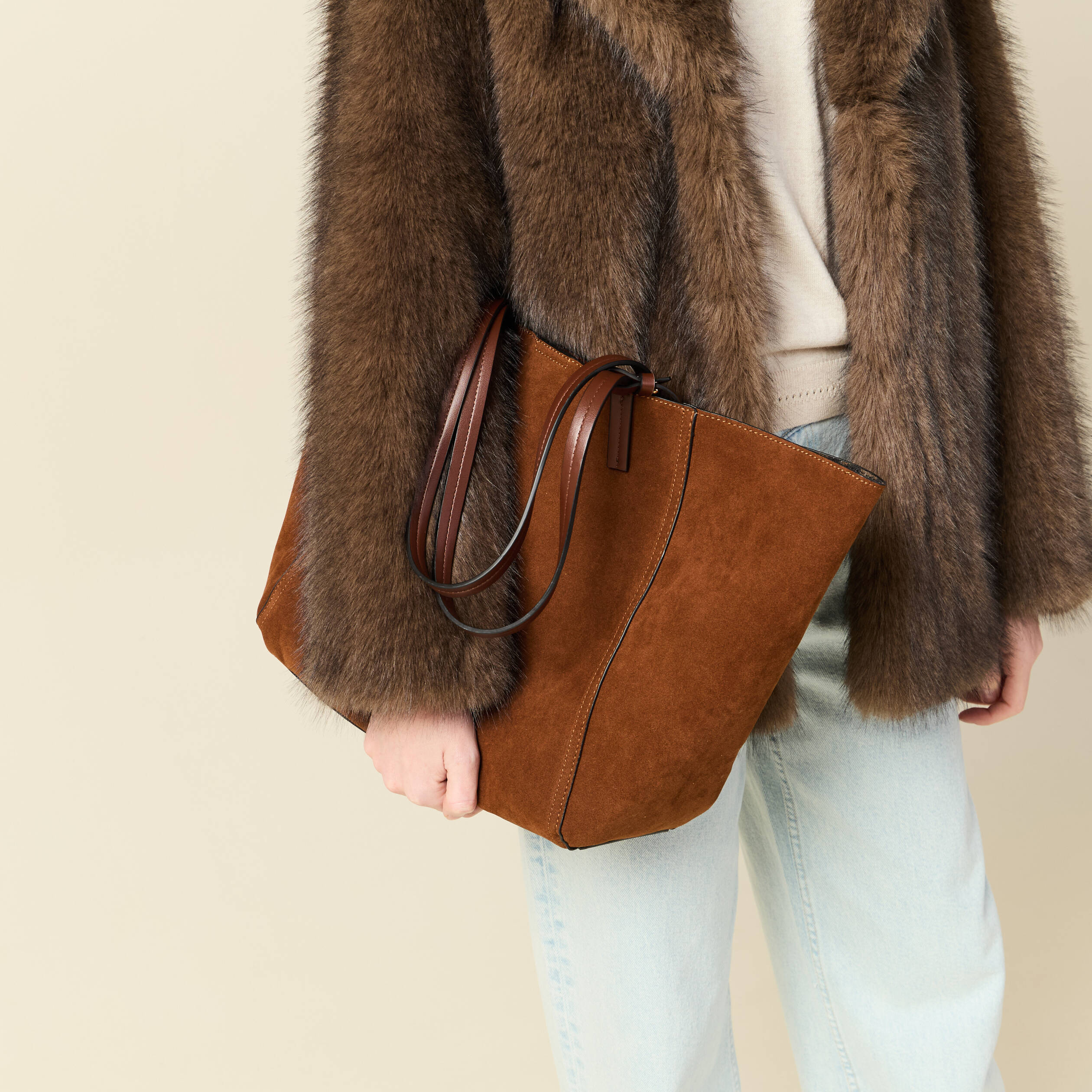 Cabas bandouli&egrave;re avec doublure marron fonc&eacute; femme