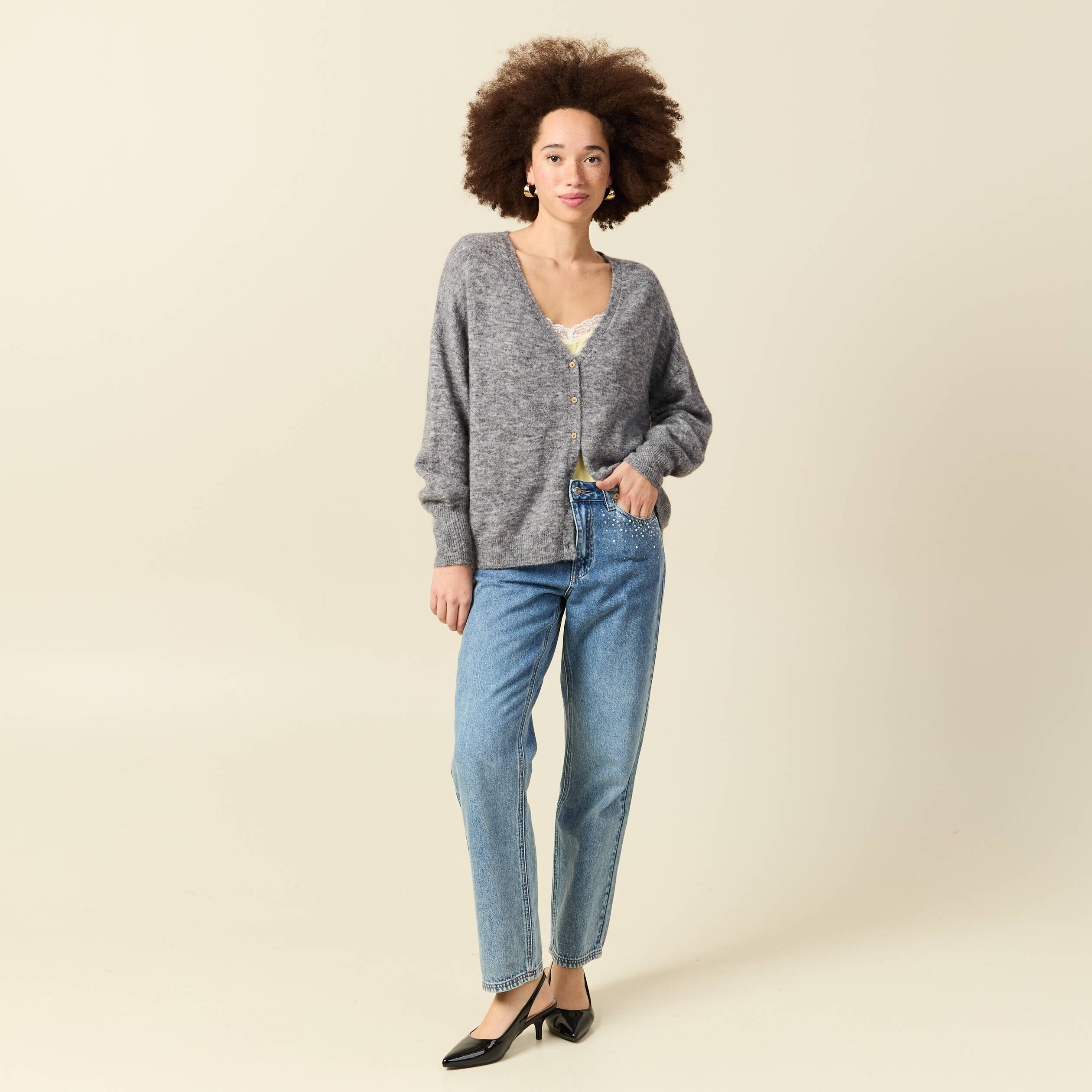 Gilet manches longues col v gris clair femme
