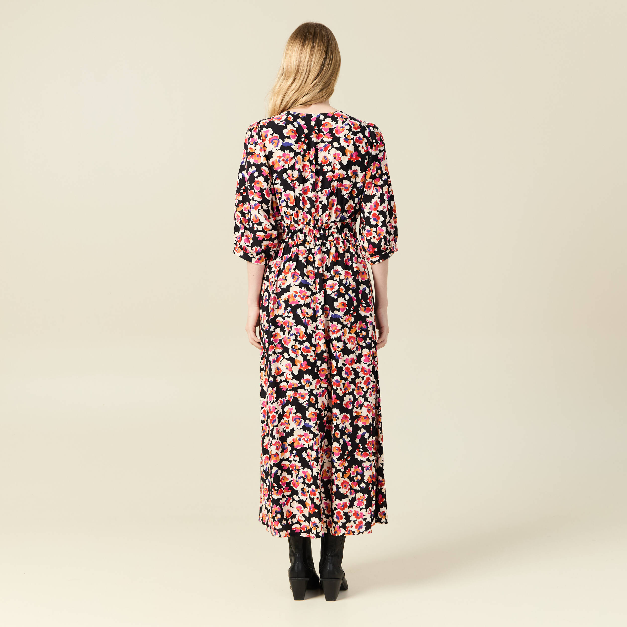 Robe longue évasée fluide noir femme