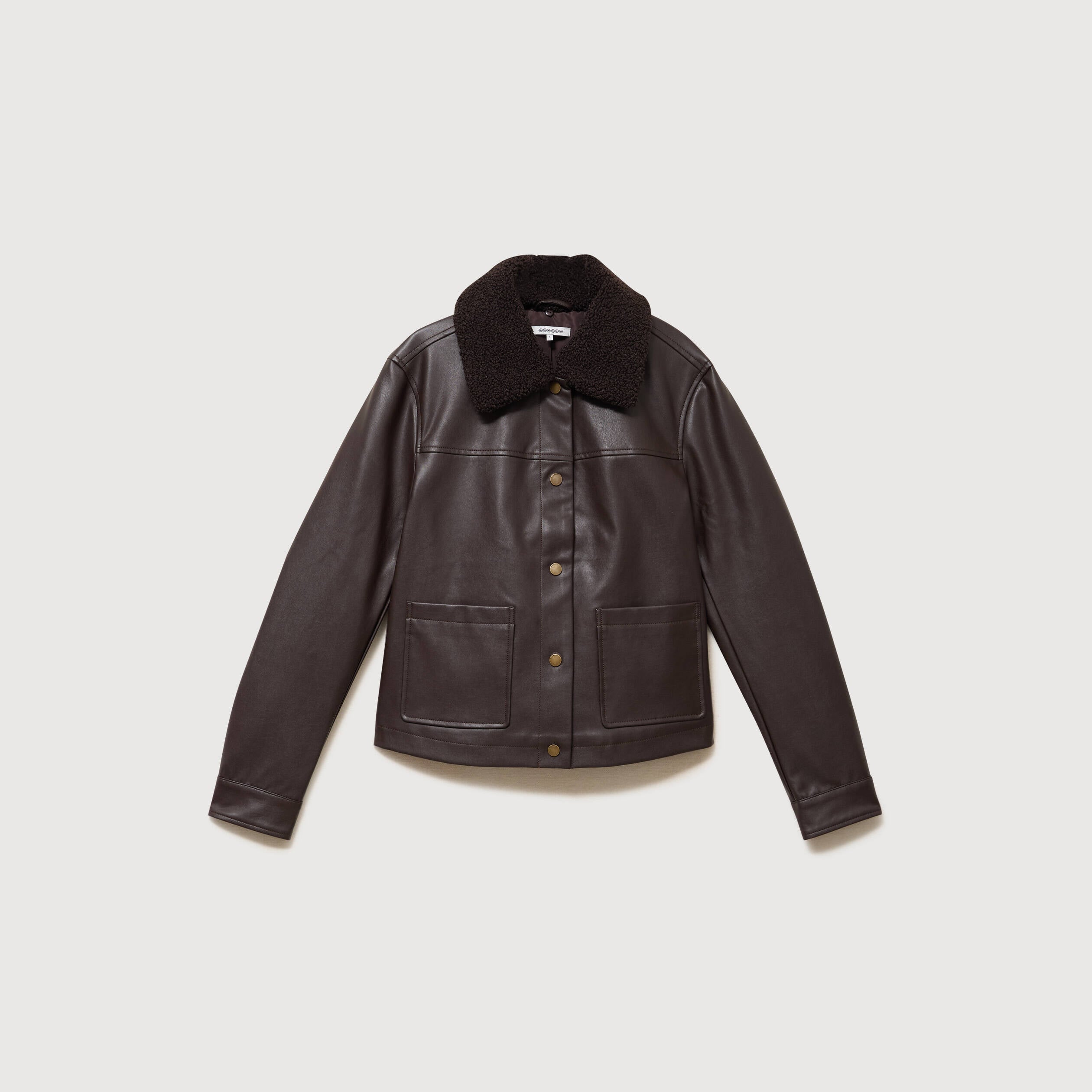 Blouson col sherpa manches longues marron fonc&eacute; femme