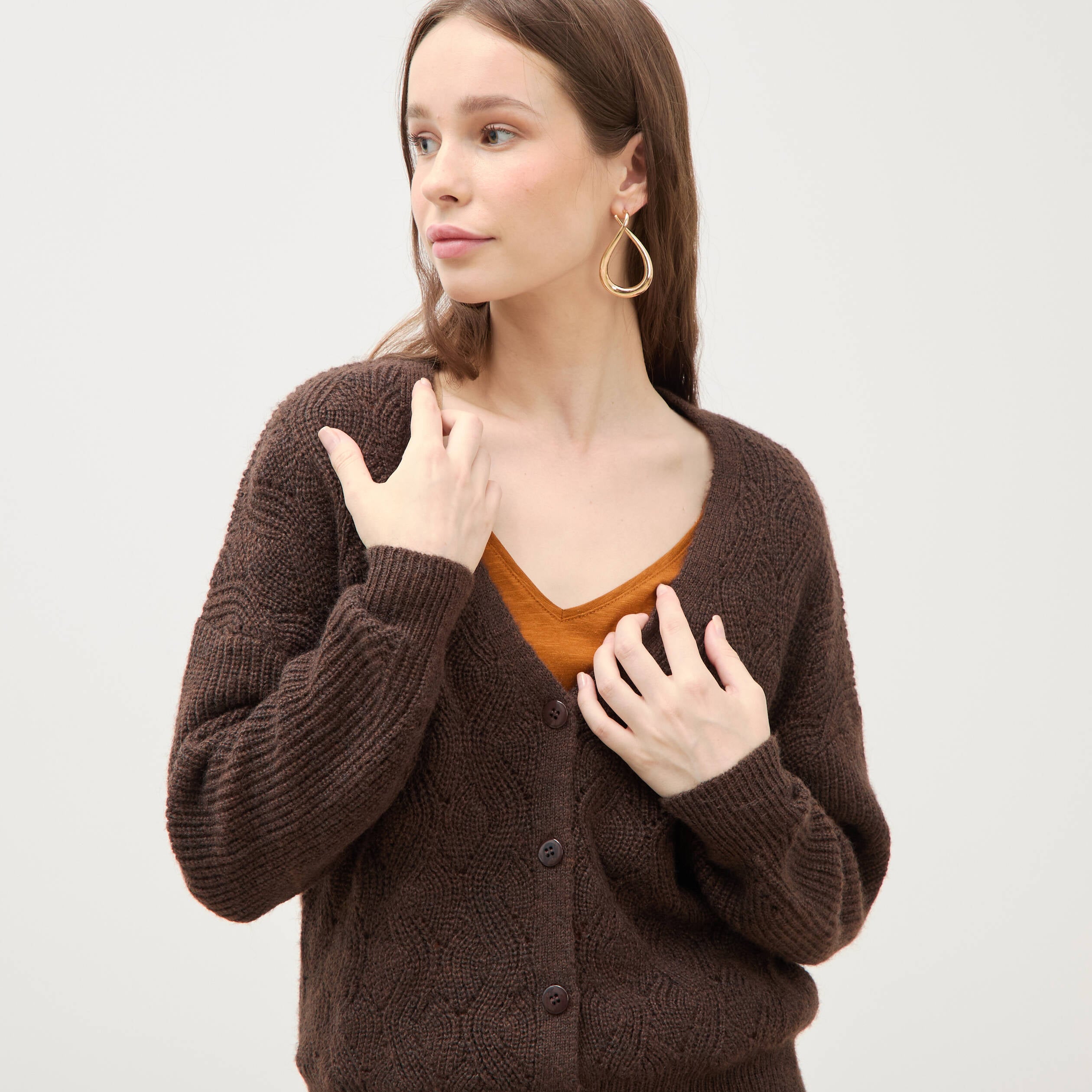 Gilet manches longues col v marron femme