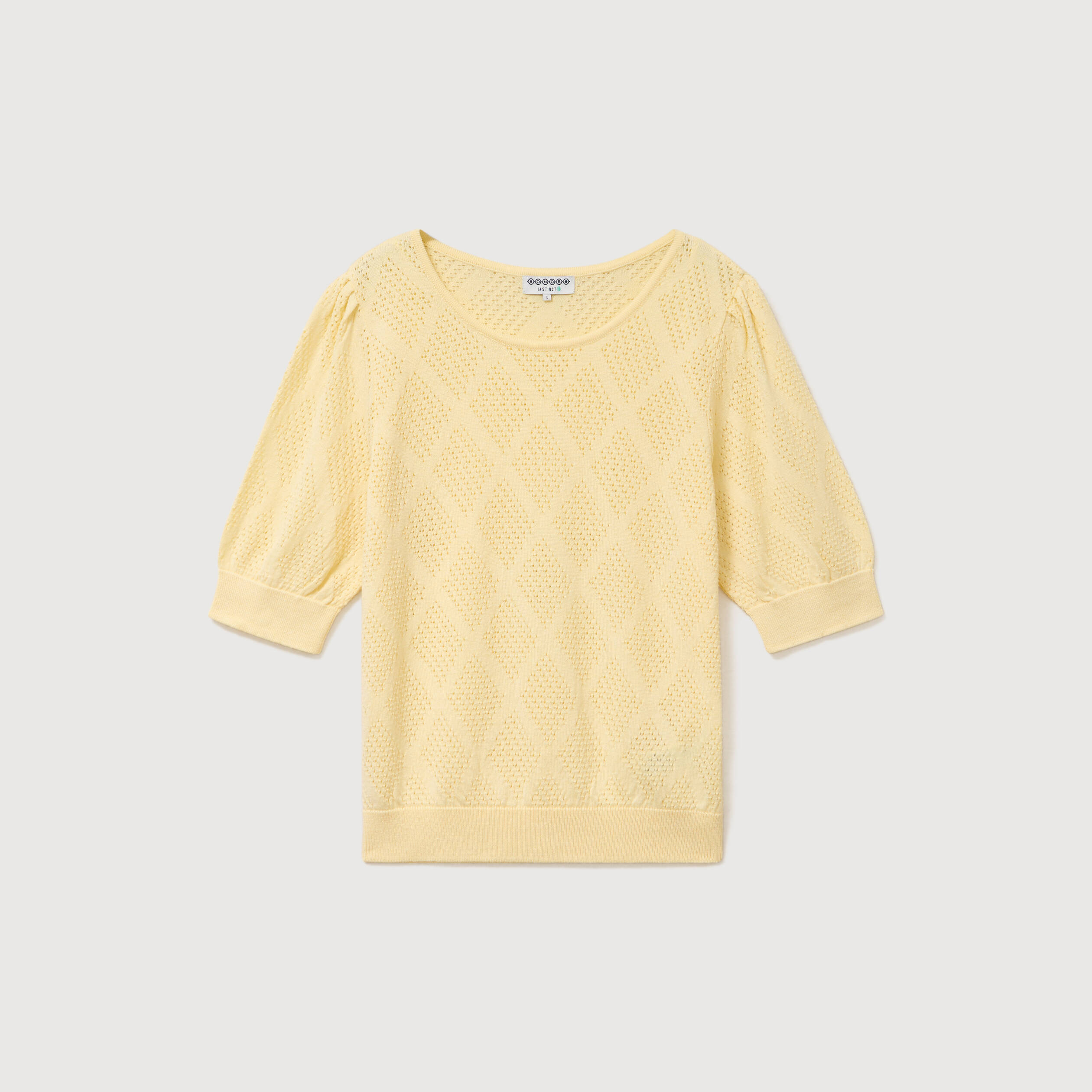 Pull ajour&eacute; droit court manches courtes jaune clair femme