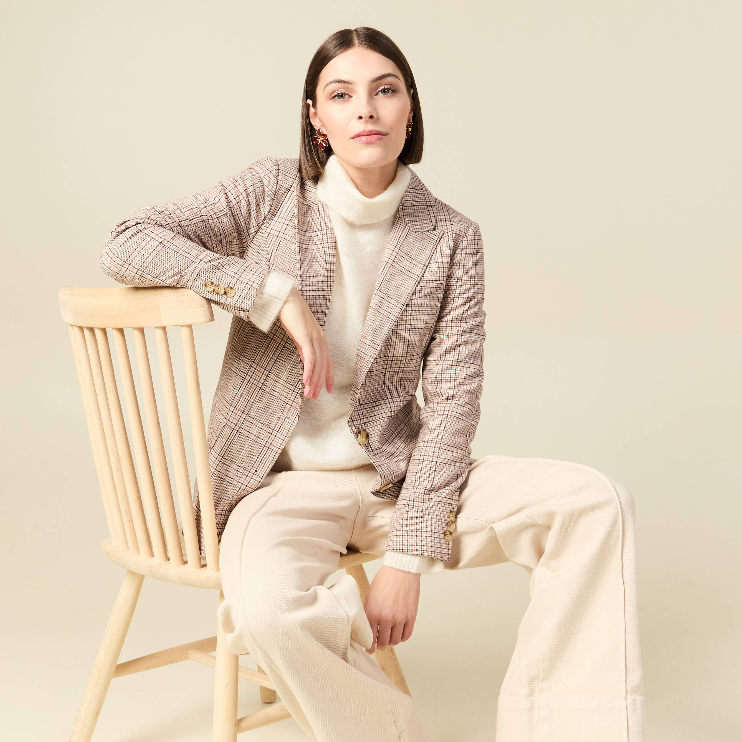 Blazer ajust&eacute; manches longues doubl&eacute; beige femme