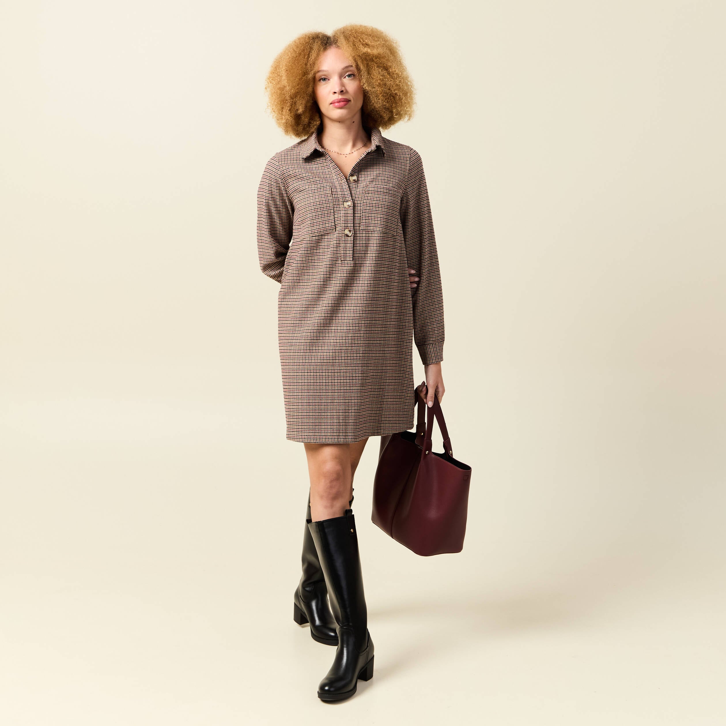 Robe manches longues beige femme