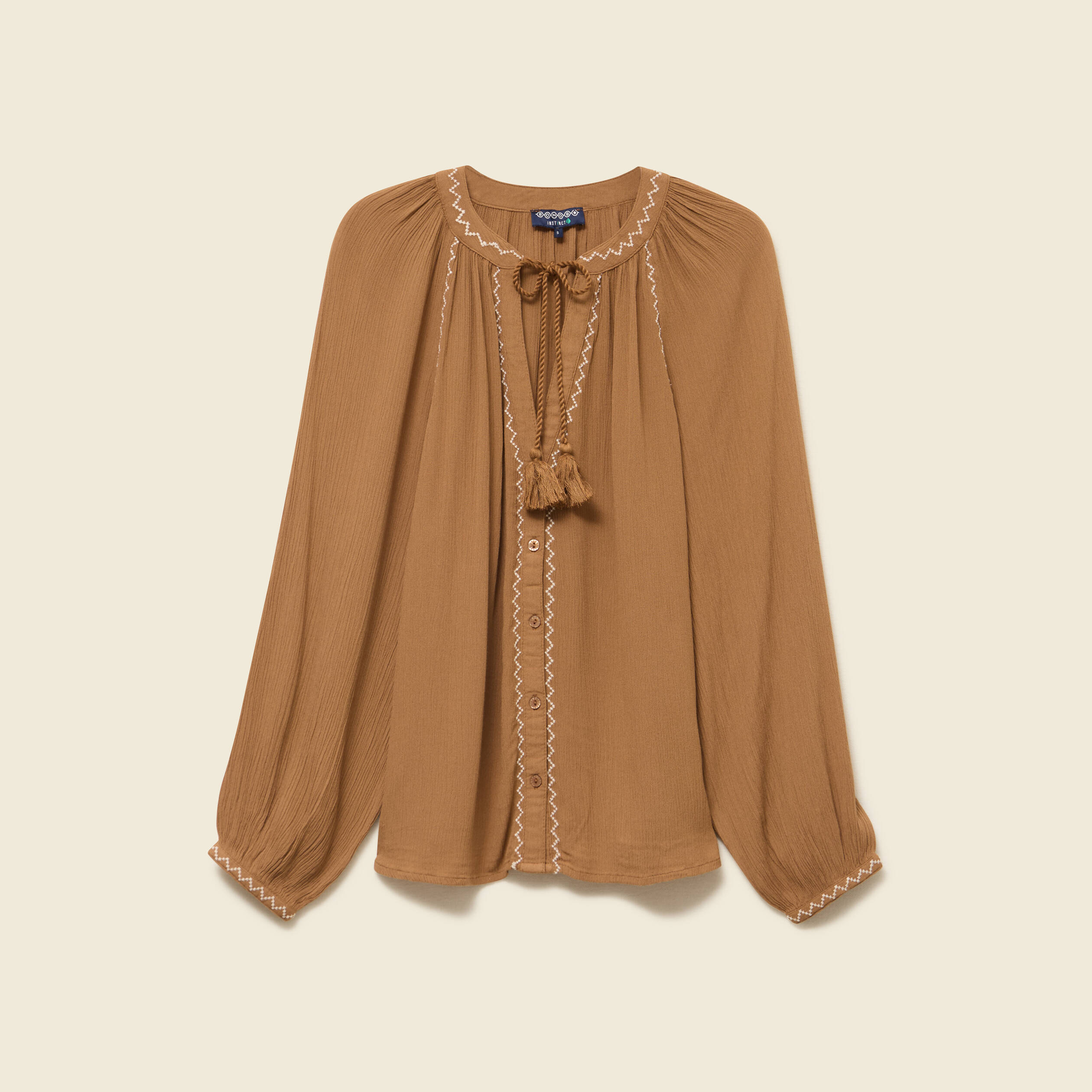 Chemise manches longues col tunisien marron clair femme