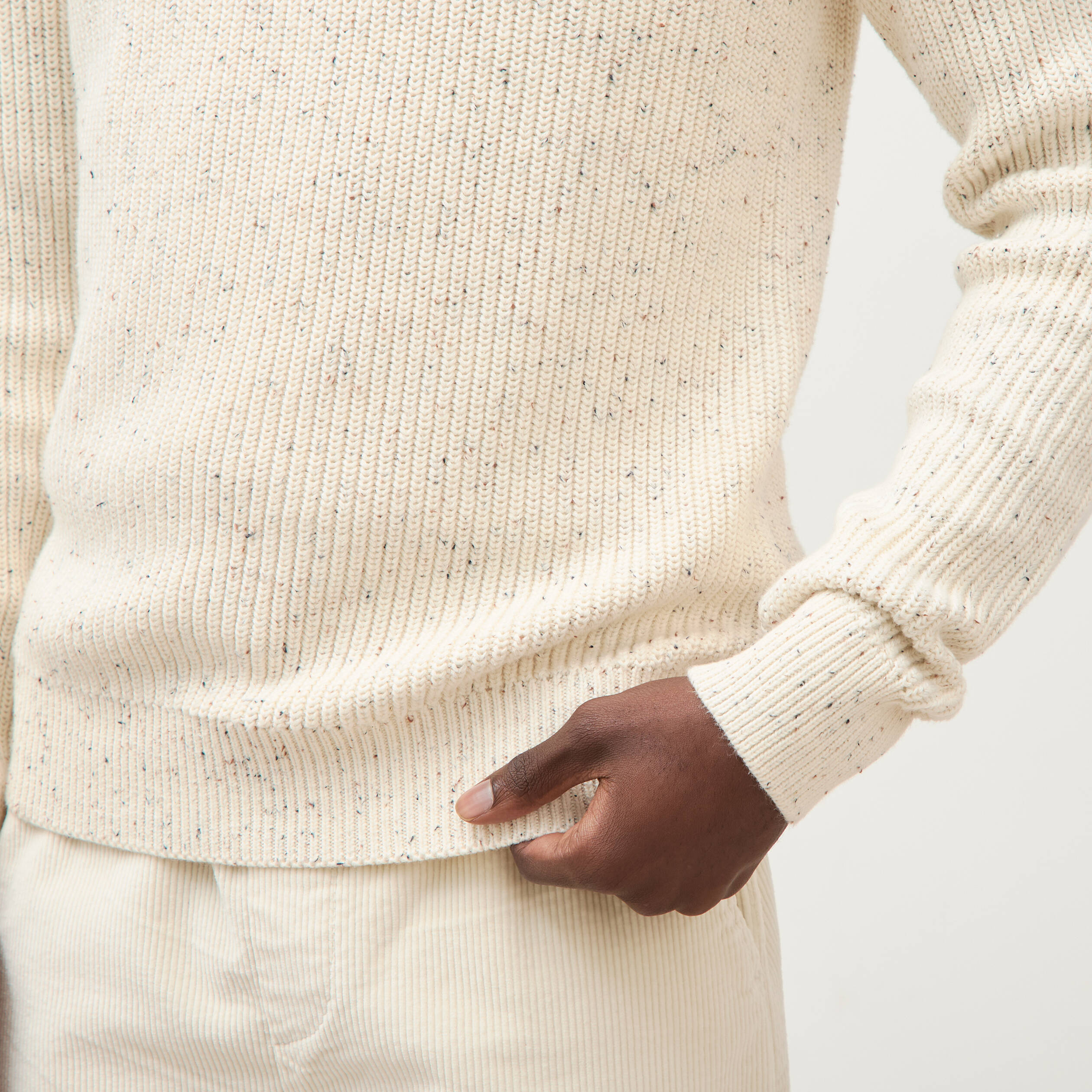 Pull col rond manches longues en coton ecru homme
