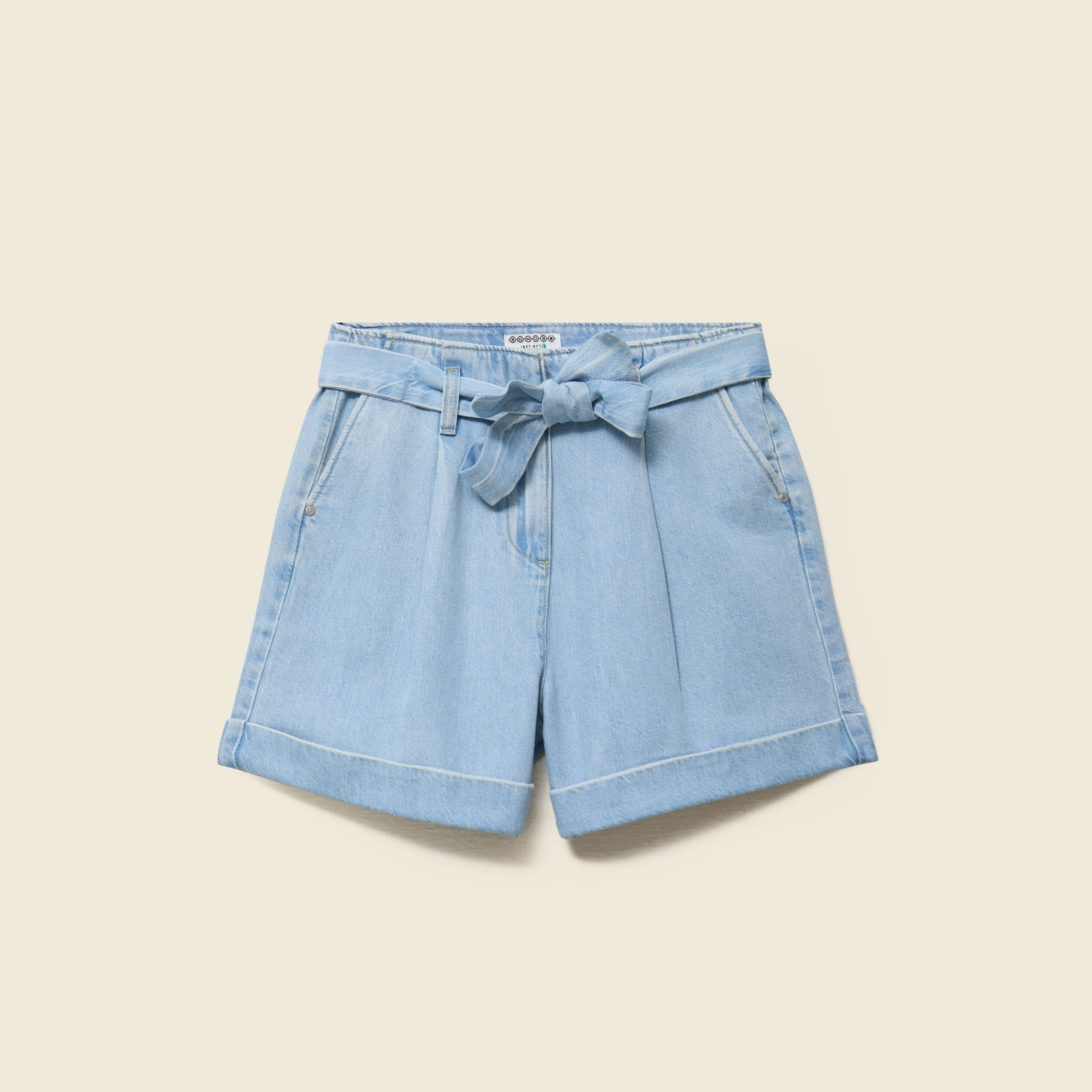 Short taille haute en jeans denim bleach femme
