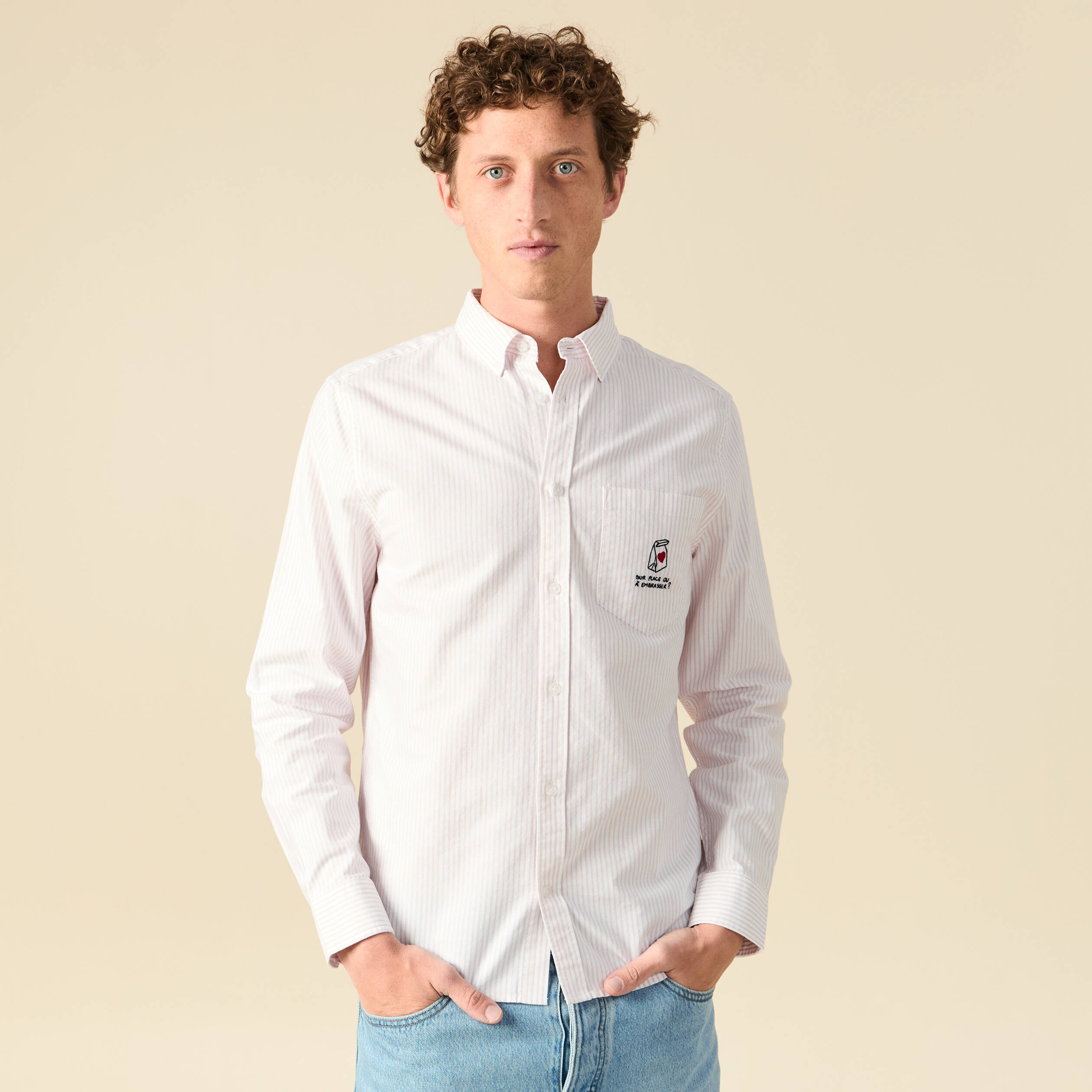 Chemise droite en coton rose poudr&eacute;e homme