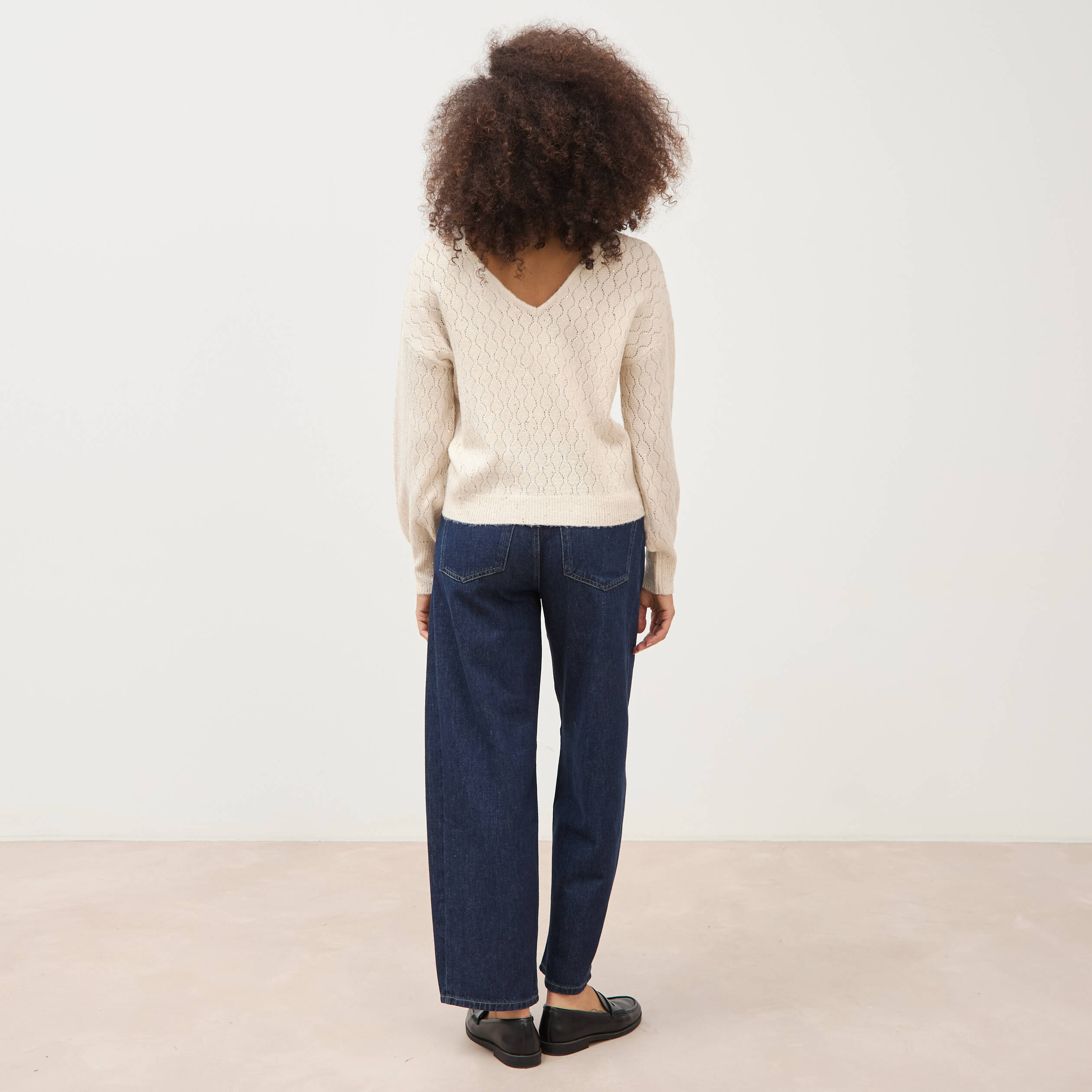 Pull oversize col v manches longues creme femme