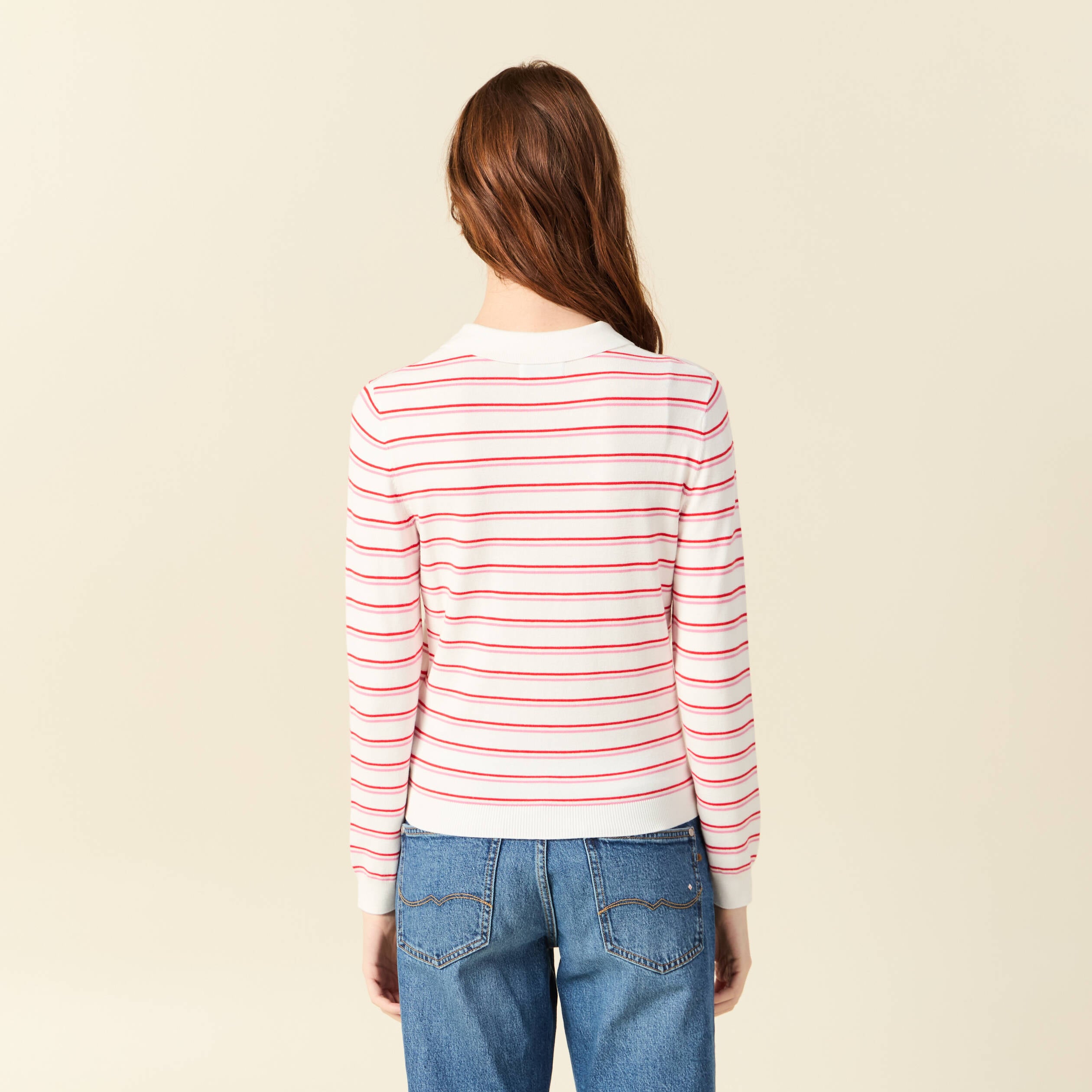 Polo ray&eacute; manches longues blanc femme