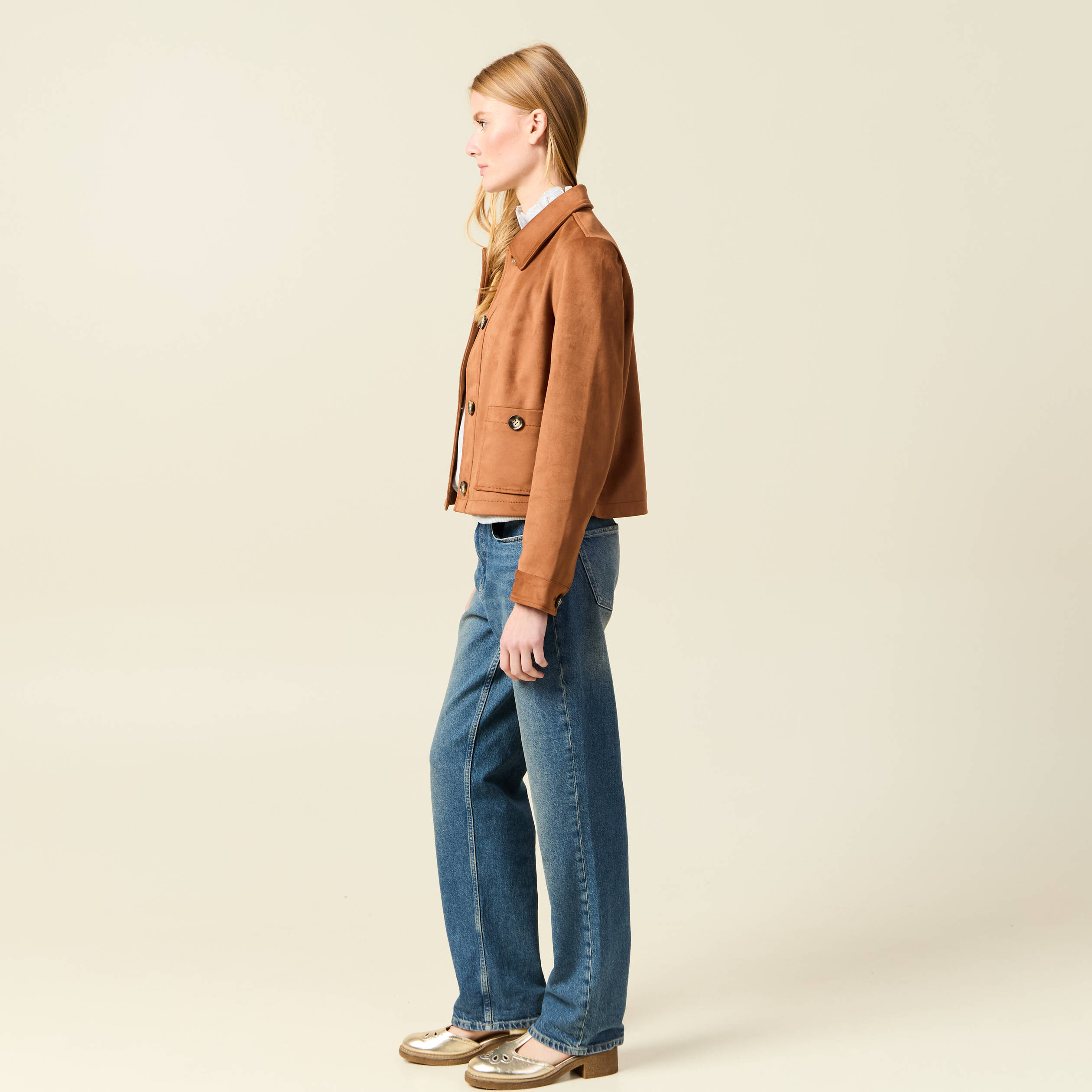 Veste manches longues col classique camel femme