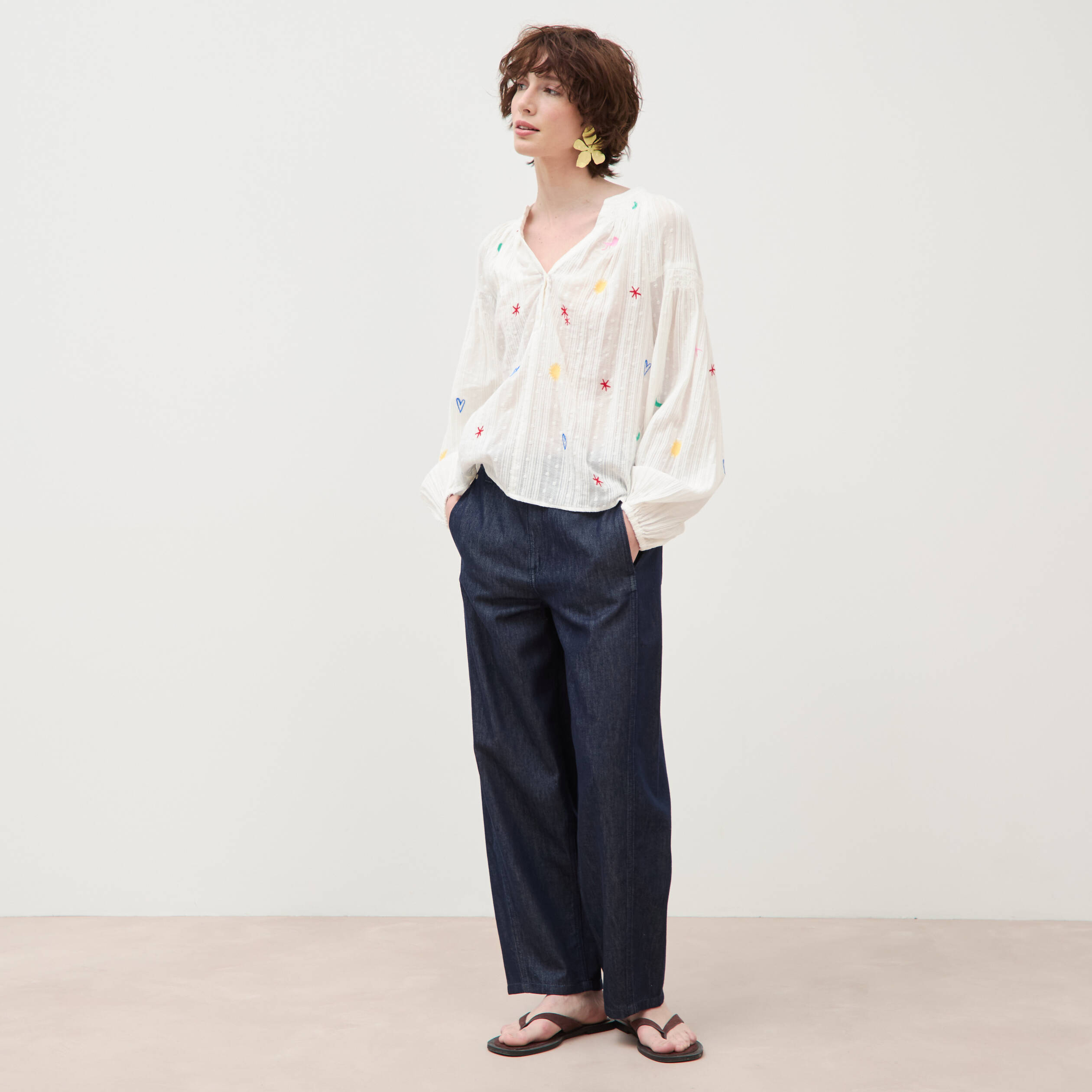 Blouse ample col mao manches longues ecru femme