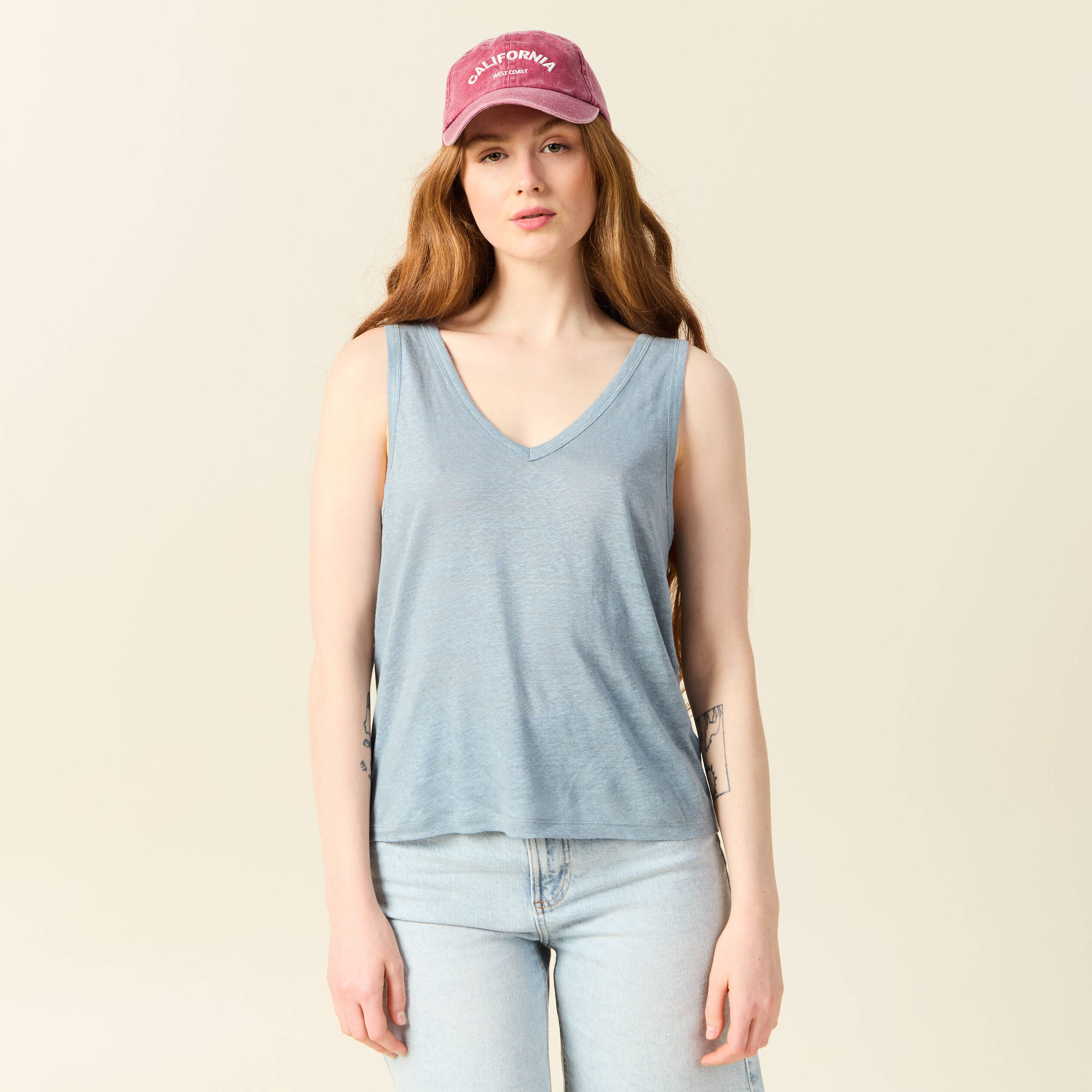 debardeur sans manches en lin bleu gris femme Débardeur sans manches en lin bleu gris femme
