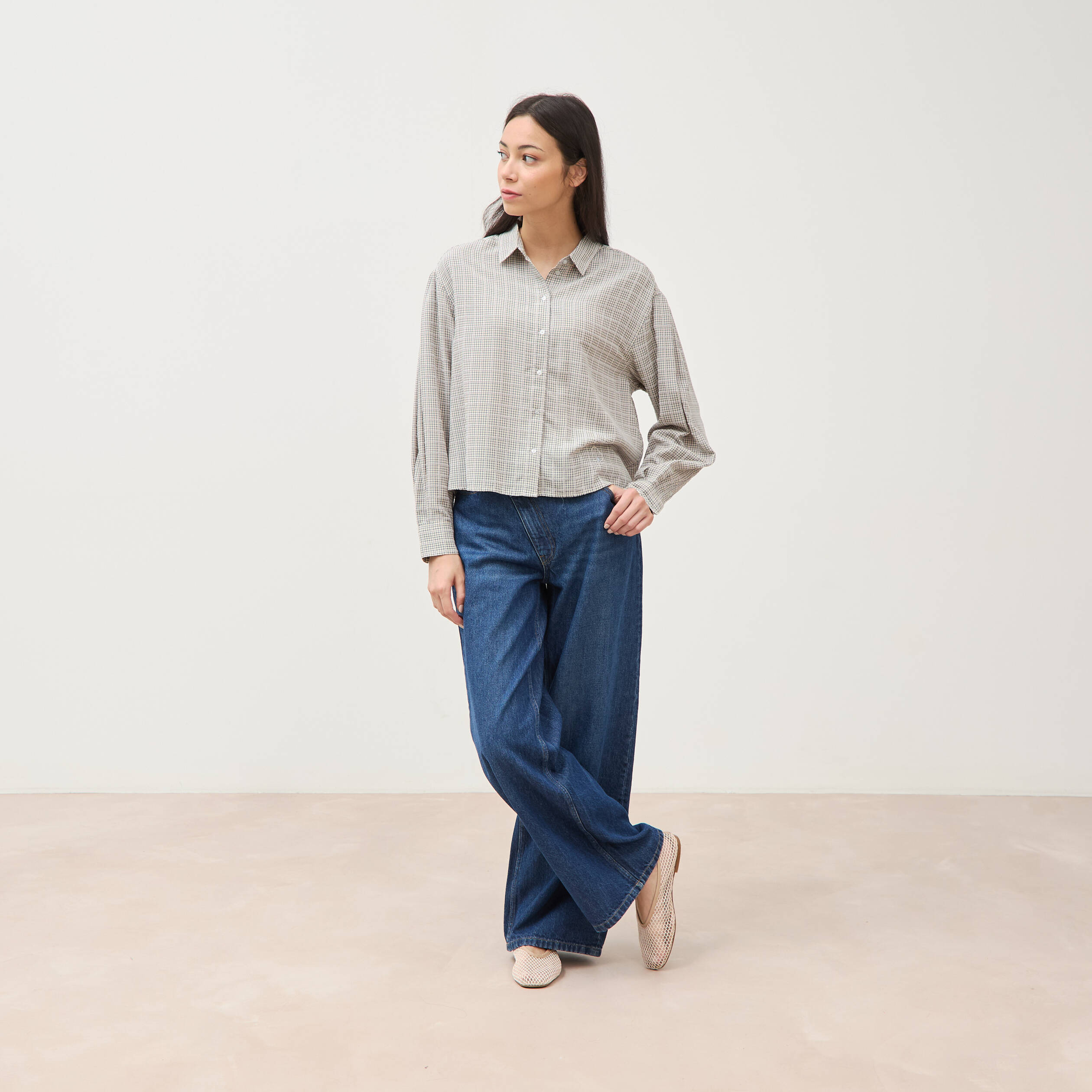 Jeans loose taille haute en coton denim stone femme