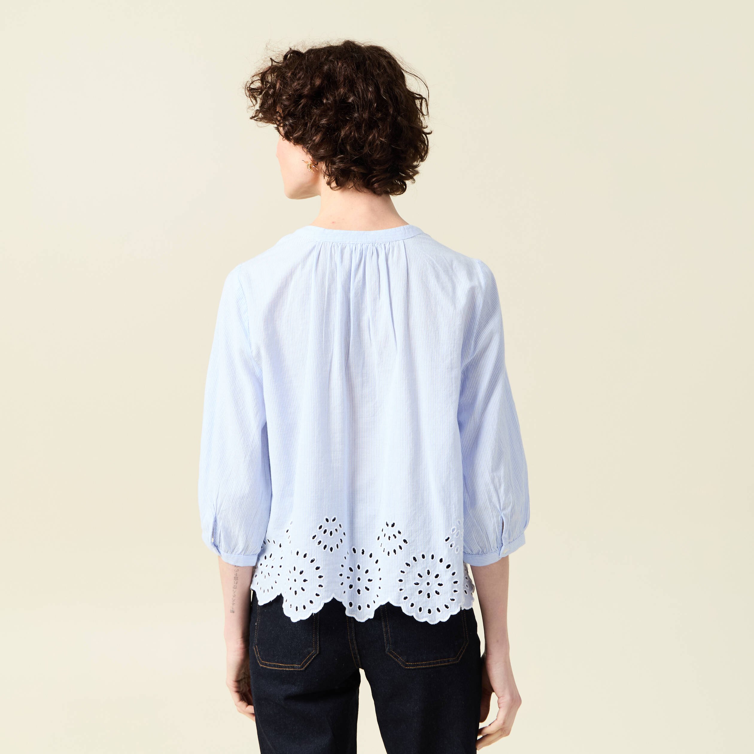 chemise manches 34 brodee blanc femme Chemise manches 3/4 brodée blanc femme