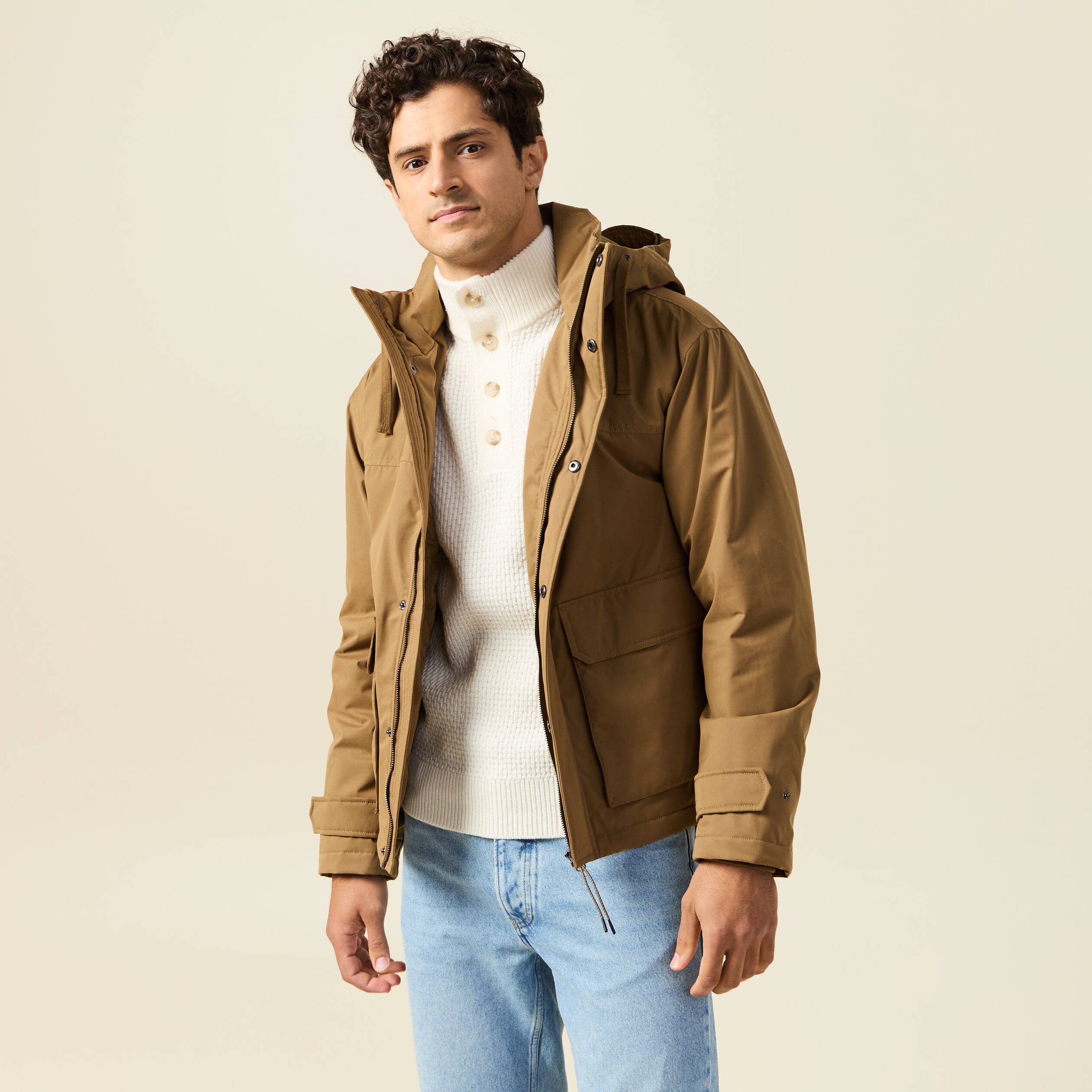 Parka droite courte &agrave; capuche beige homme