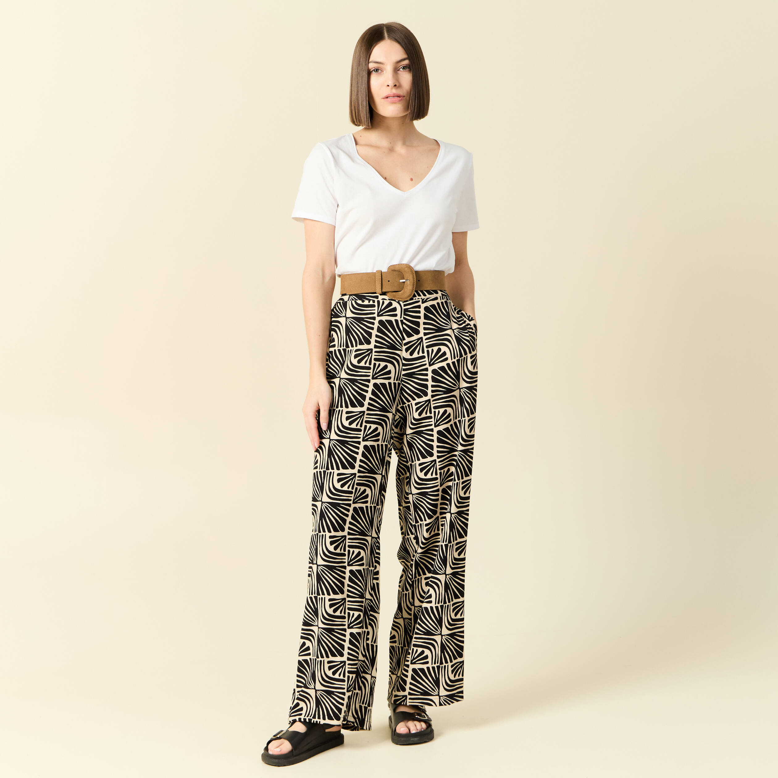 pantalon large taille haute creme femme Pantalon large taille haute creme femme