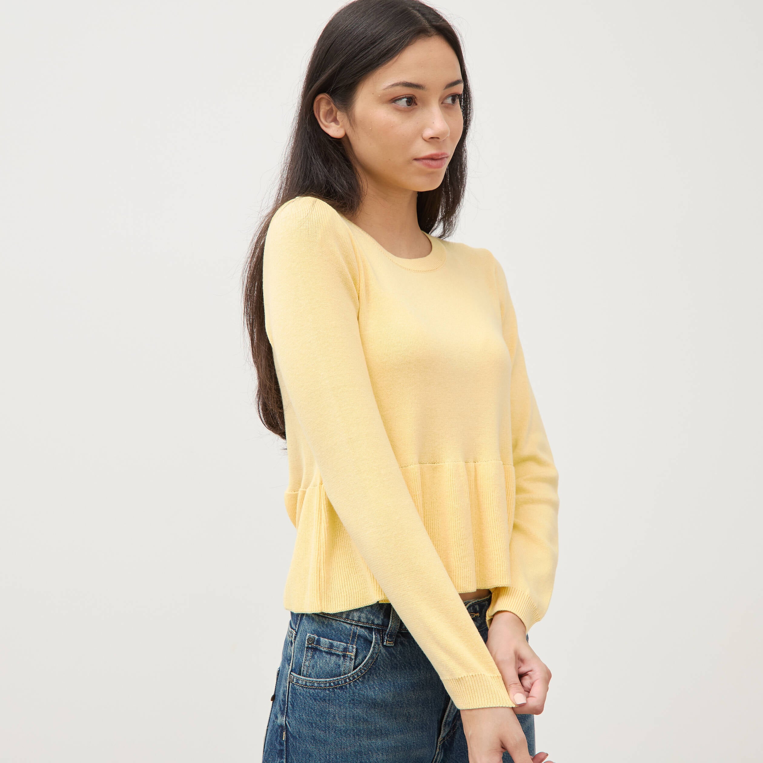 Pull col rond manches longues jaune clair femme