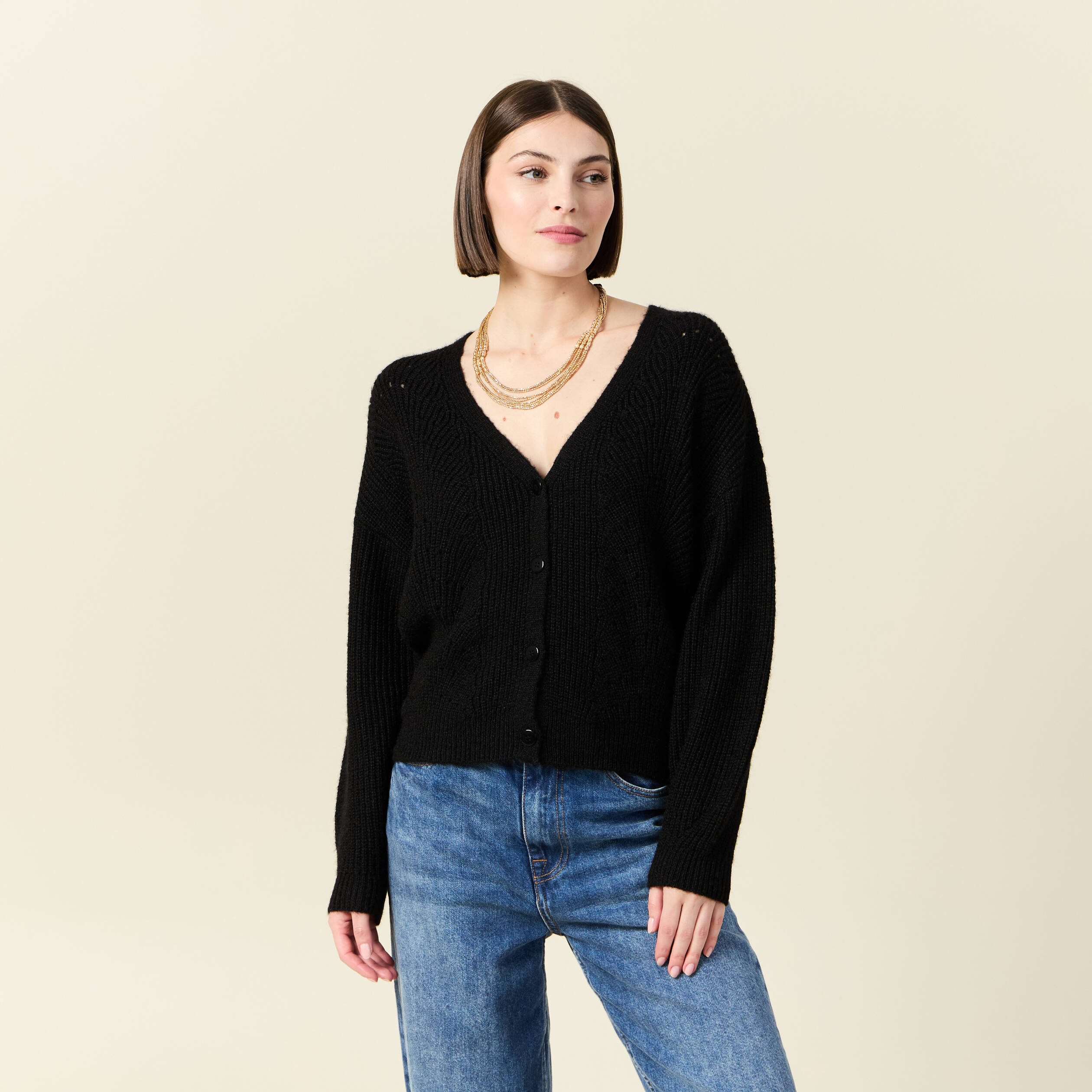 gilet ajoure col v manches longues noir femme Gilet ajouré col V manches longues noir femme