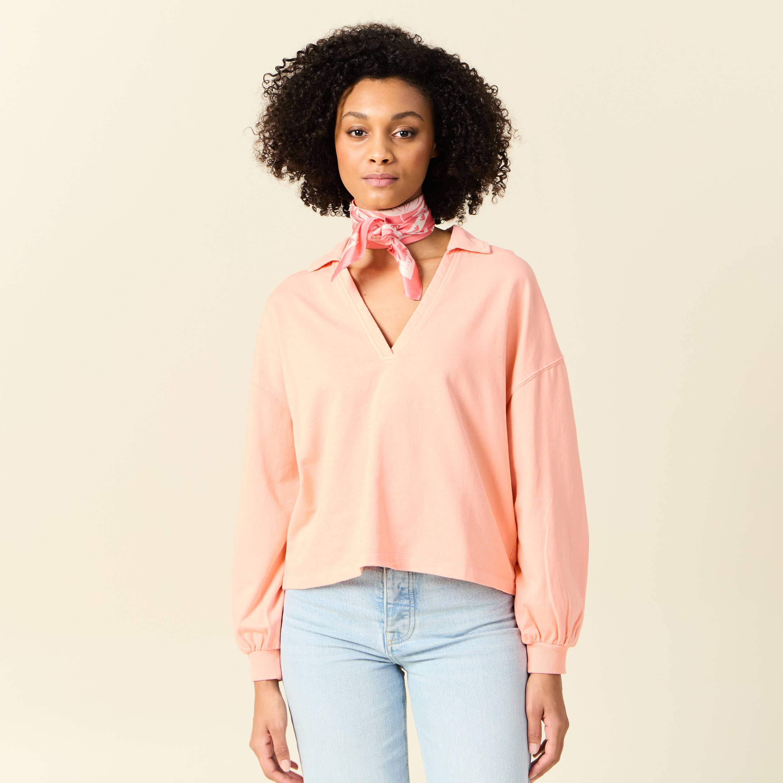 sweat manches longues col polo rose saumon femme Sweat manches longues col polo rose saumon femme