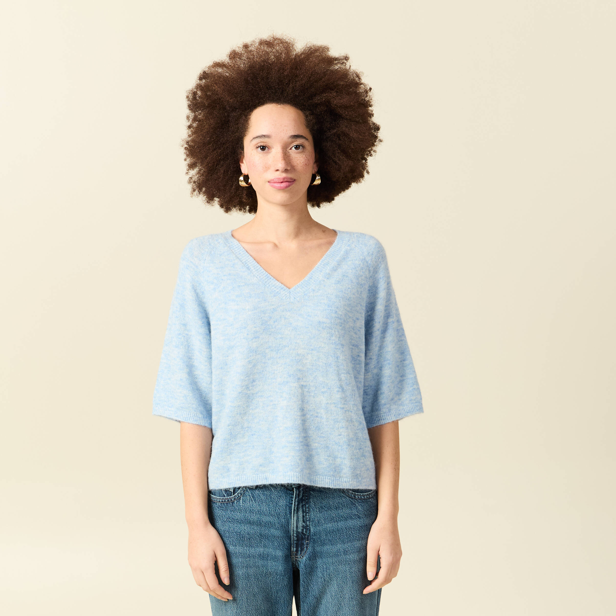 Pull col v manches 3/4 bleu ciel femme
