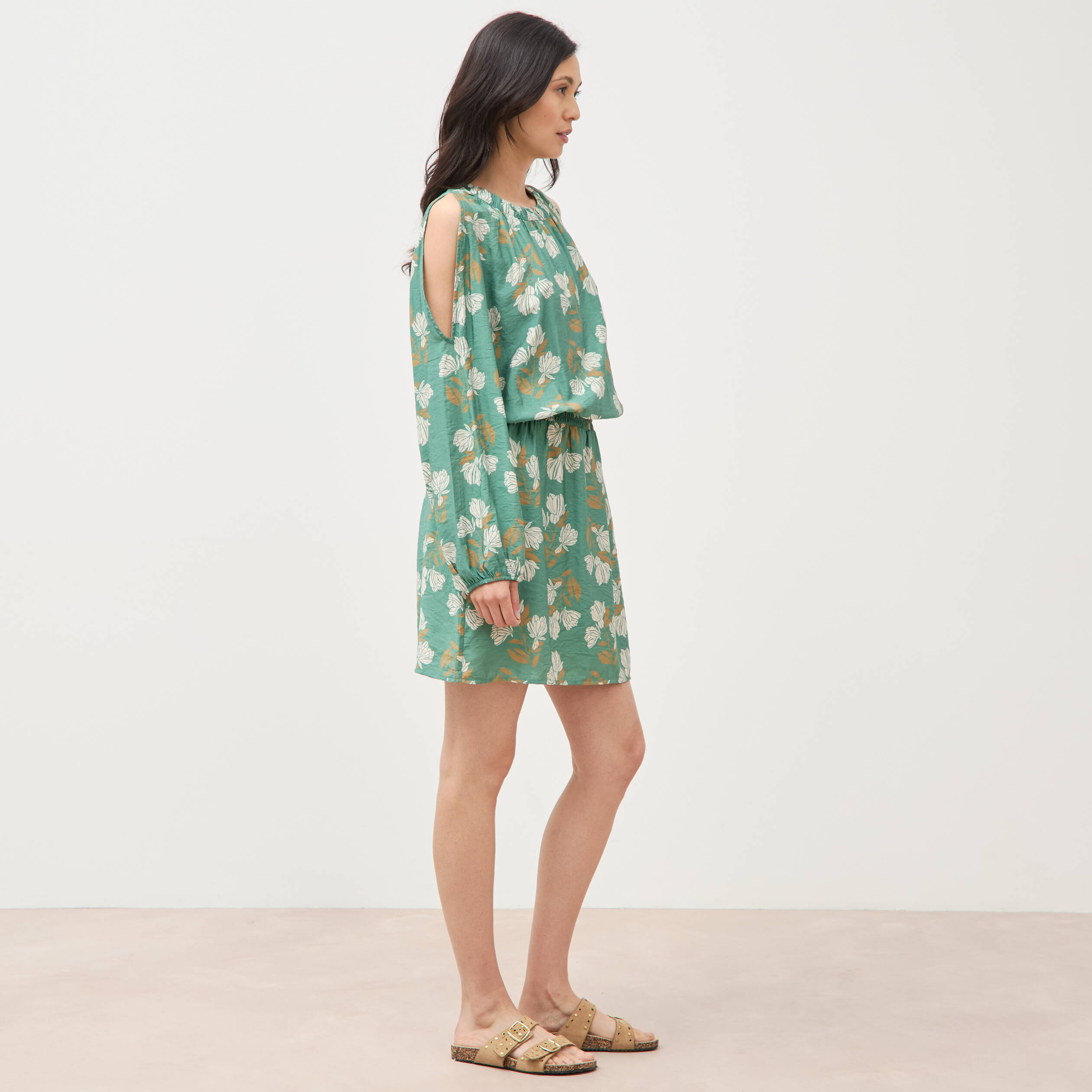 Robe manches longues col rond vert &eacute;meraude femme