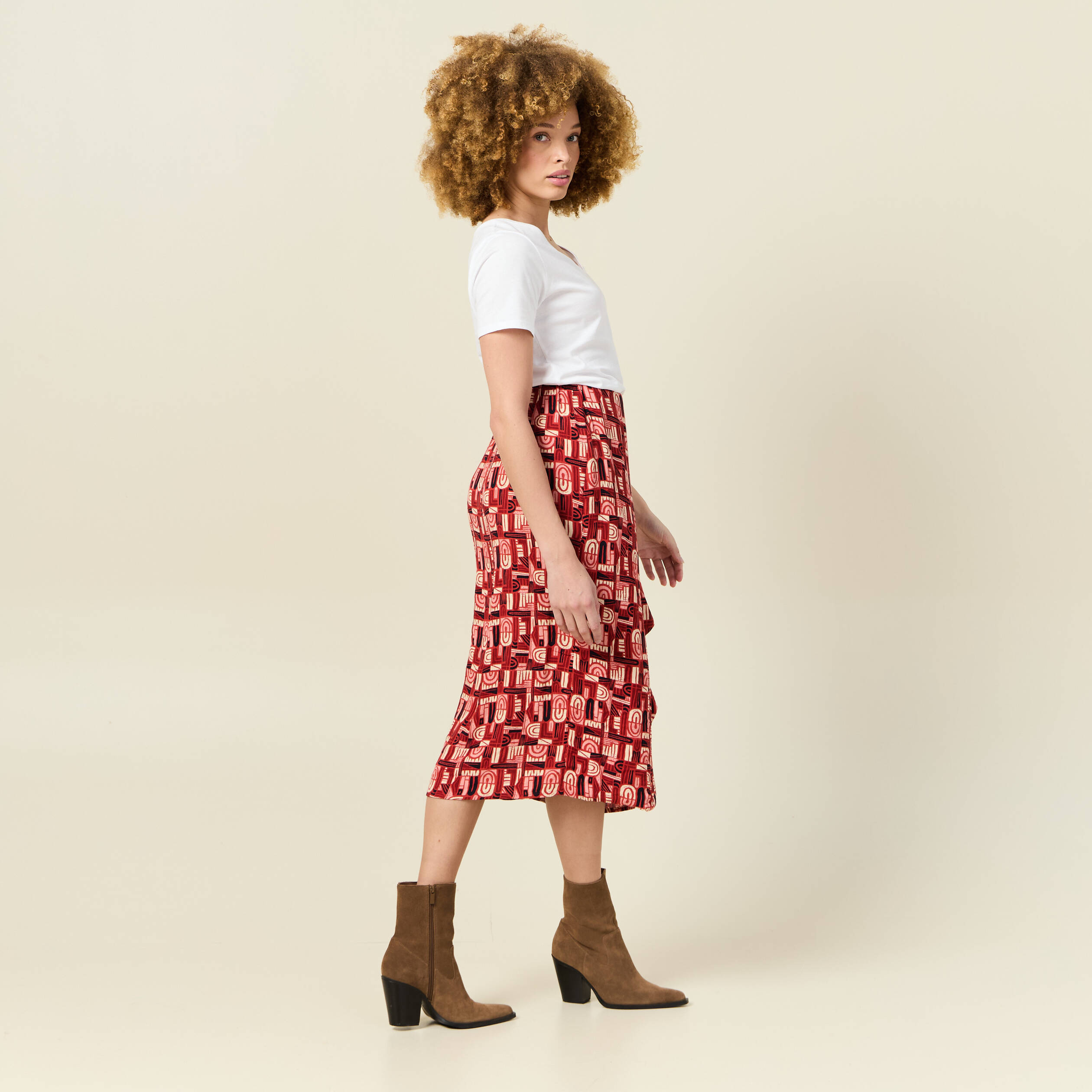 Jupe midi portefeuille fluide rouge fonc&eacute; femme