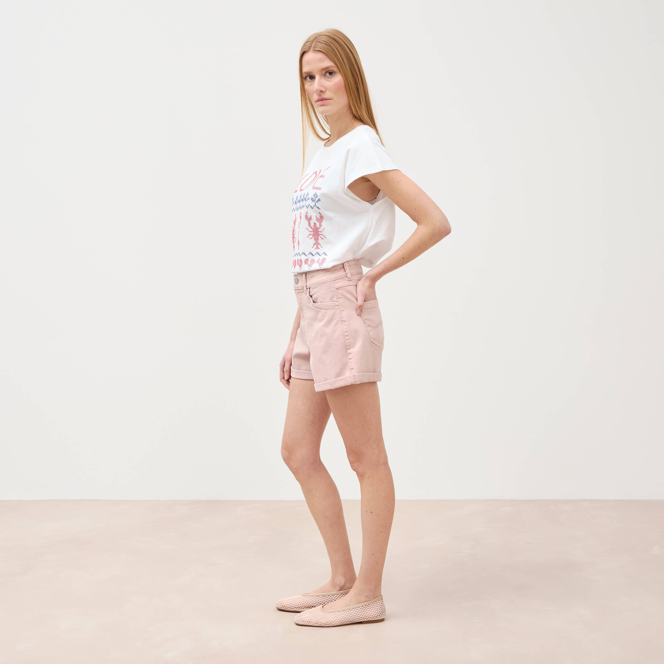 Short mom taille haute rose clair femme