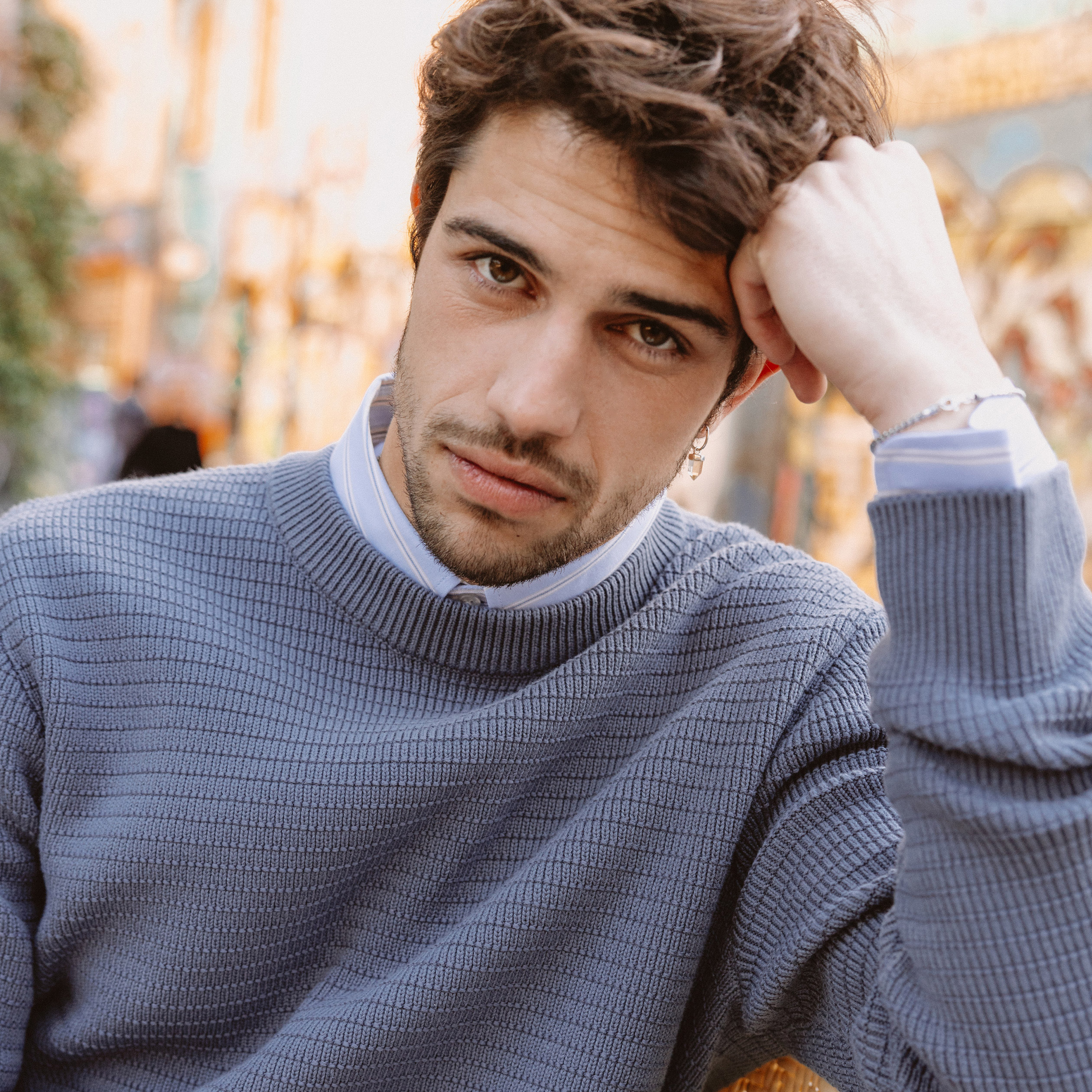 Pull col rond manches longues bleu gris homme