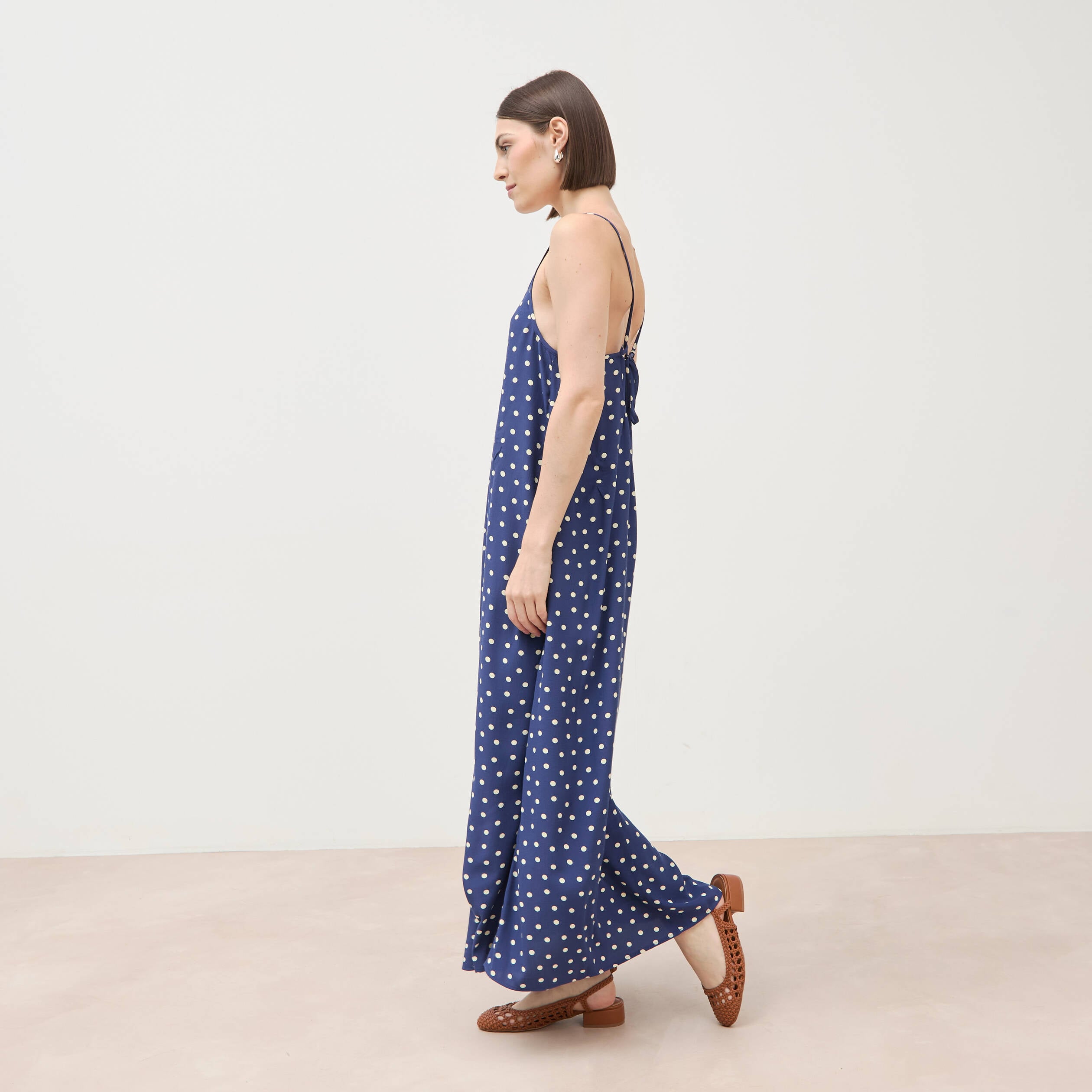 Robe longue fines bretelles col rond bleu marine femme