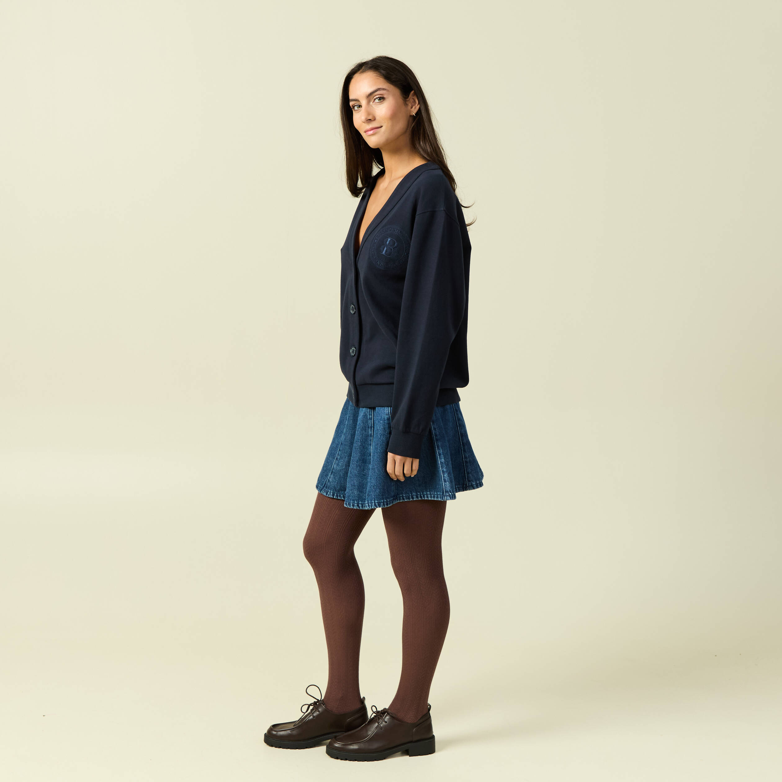 Cardigan oversize col v manches longues bleu marine femme