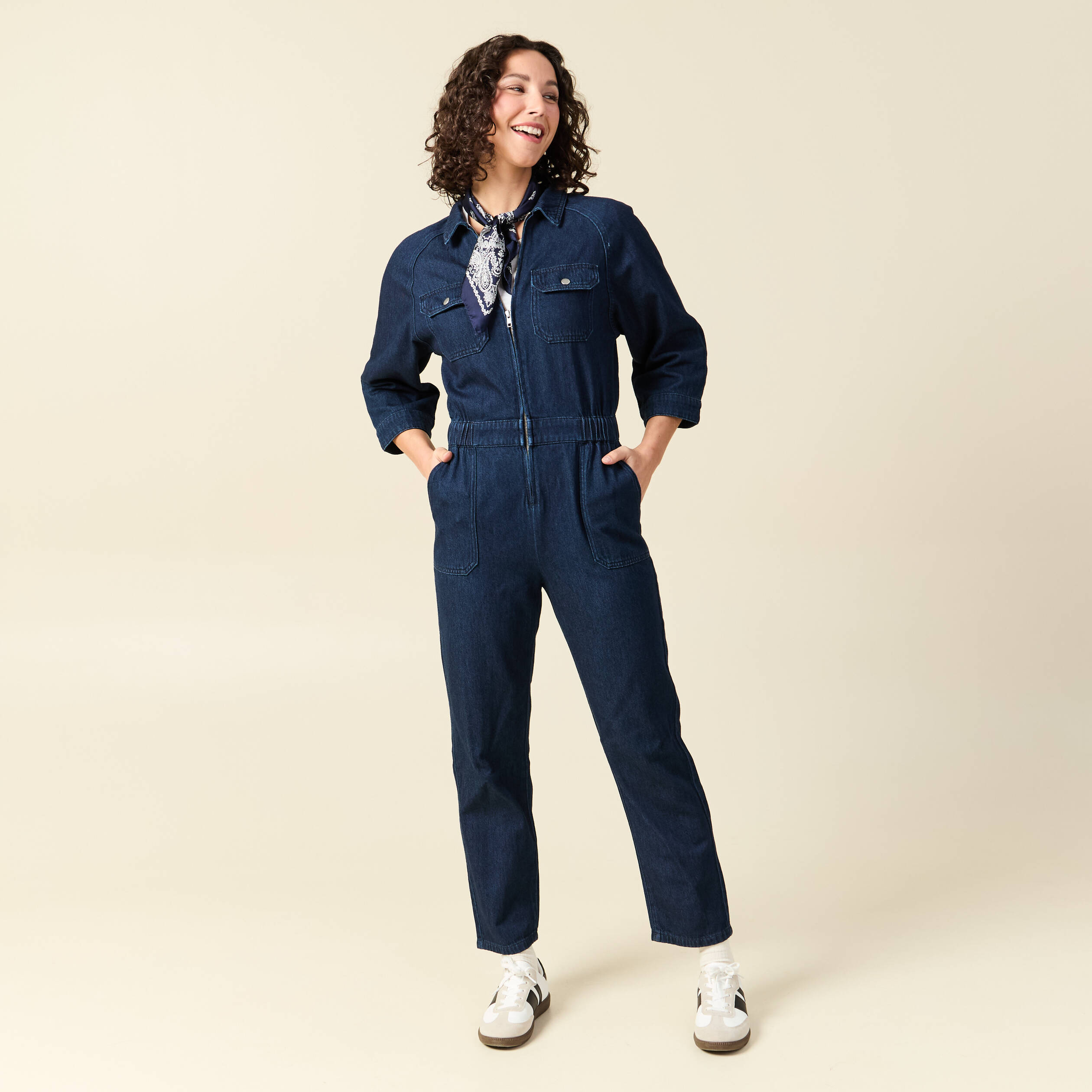 Combipantalon en coton aspect jeans denim brut rinse femme