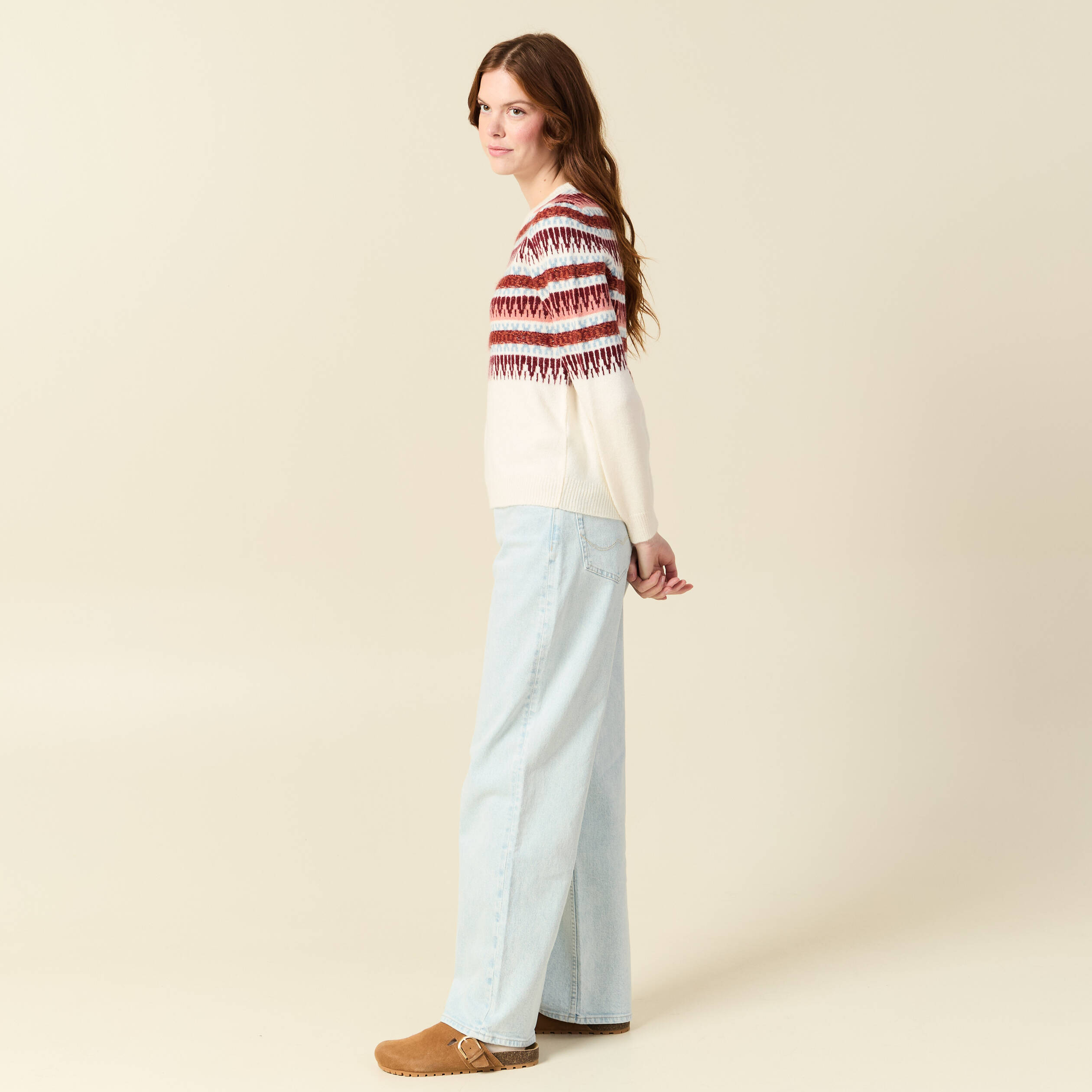 Pull manches longues col rond ecru femme