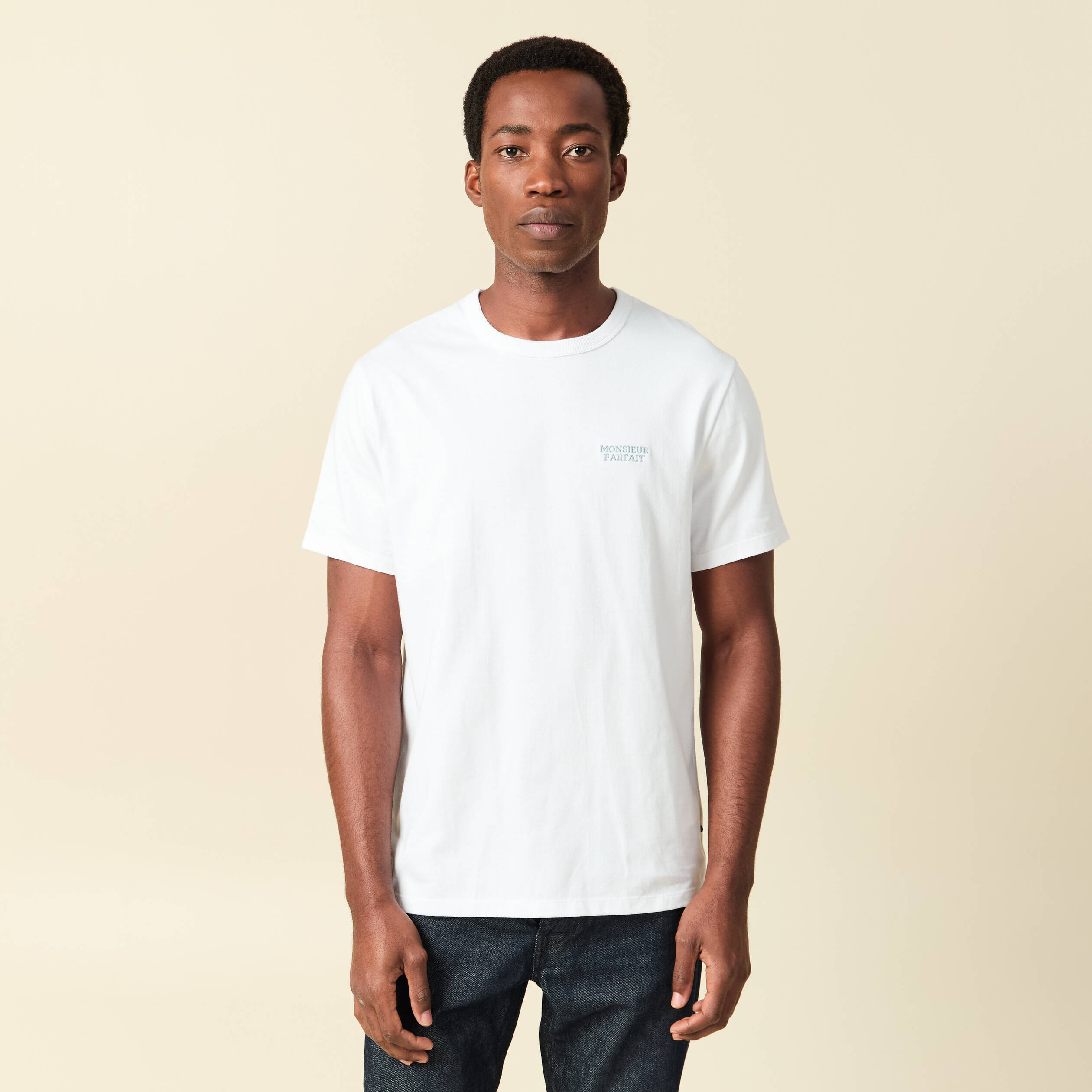 T-shirt col rond manches courtes brod&eacute; blanc homme