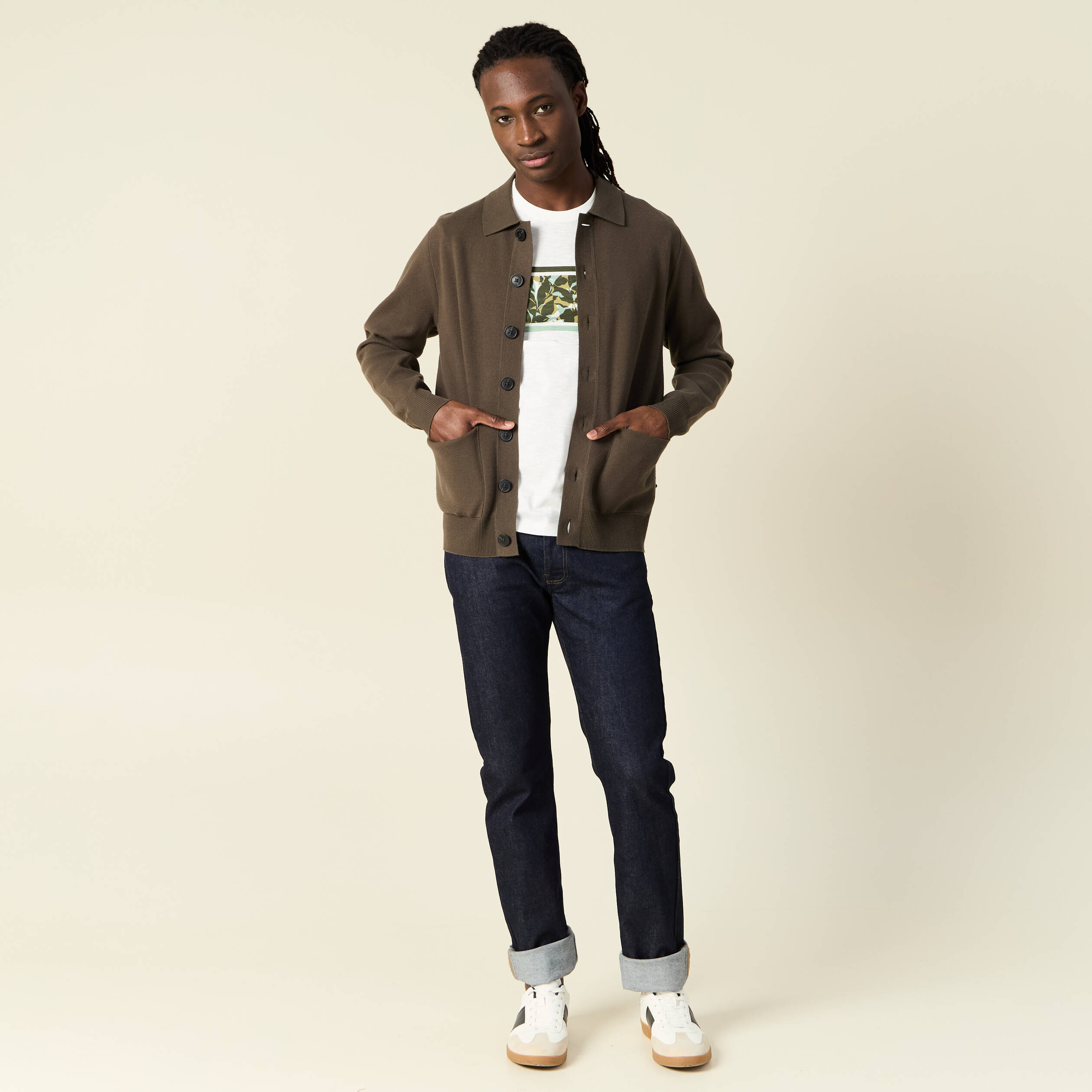 T-shirt coupe droite en coton col rond vert olive homme
