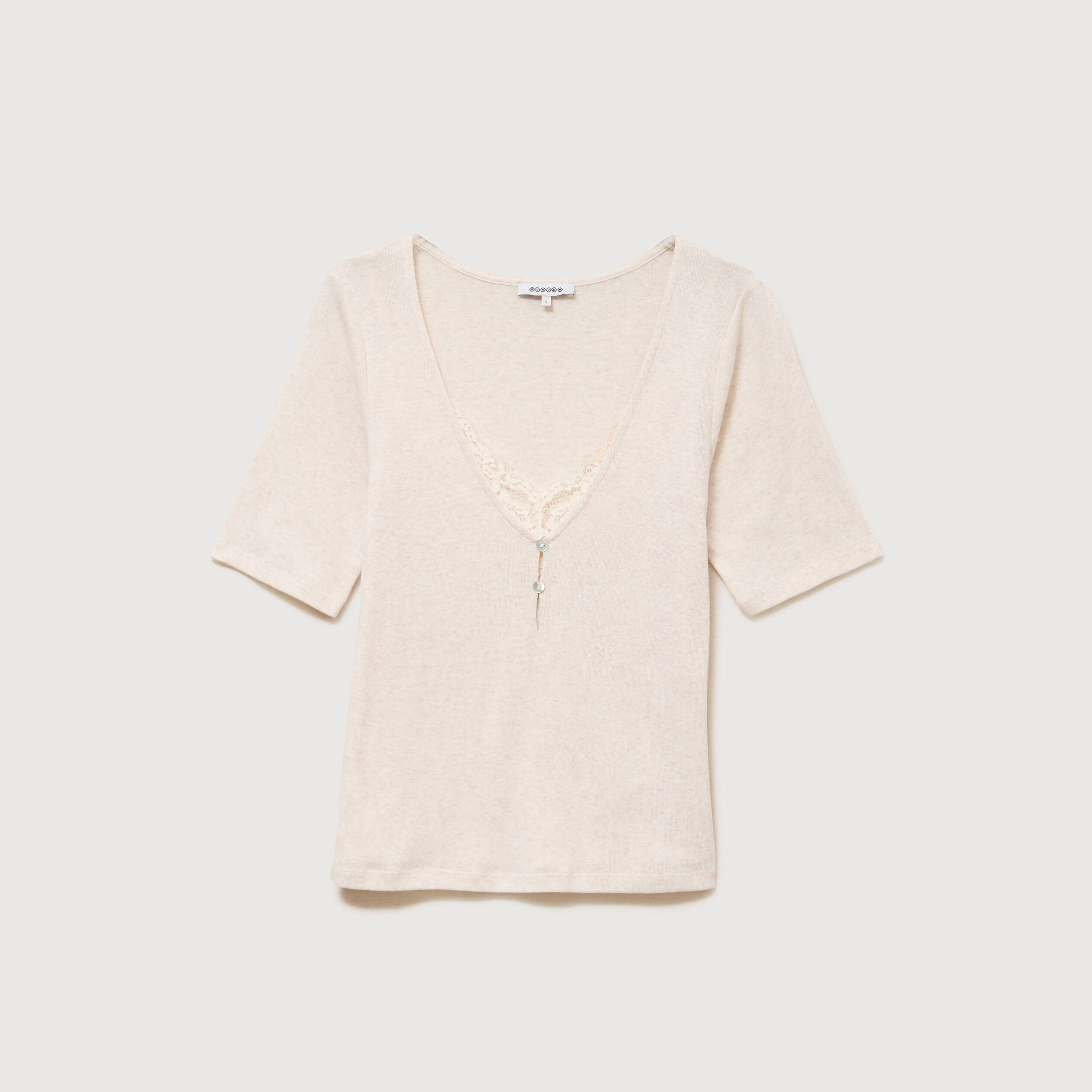 T-shirt ajust&eacute; col v manches coude creme femme