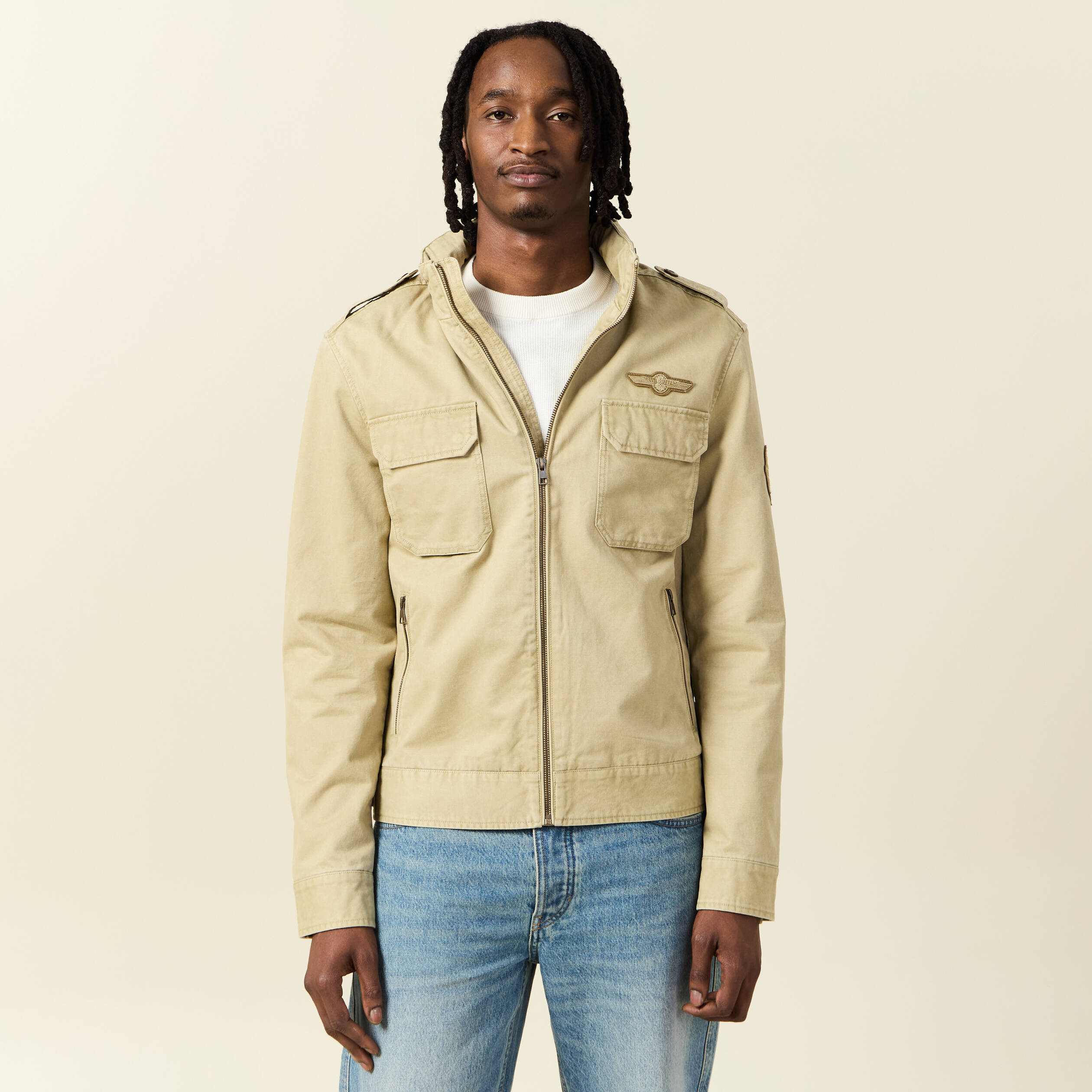 Blouson style biker zipp&eacute; beige homme