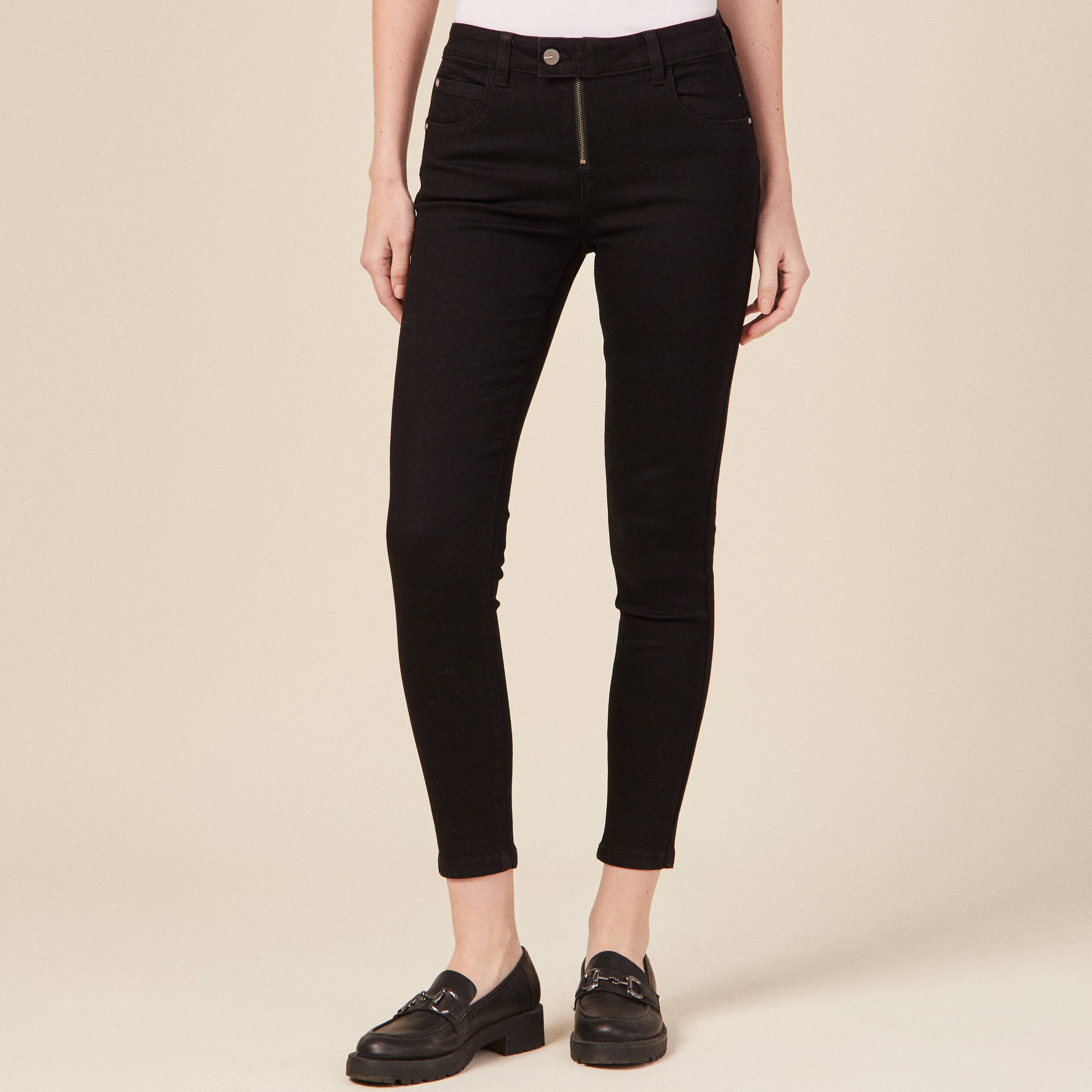 Jeans skinny zipp&eacute; denim noir femme