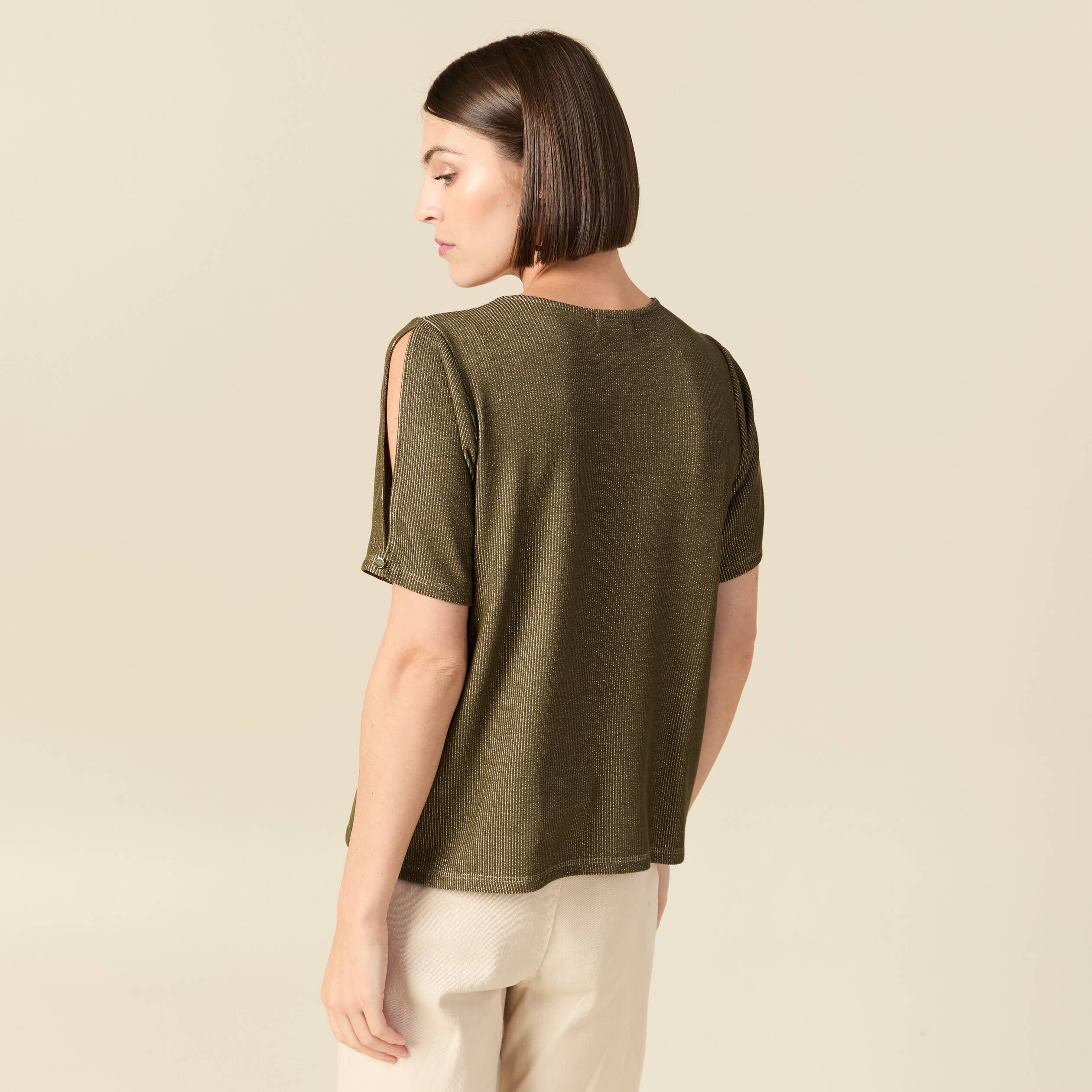 T-shirt manches courtes brillant vert kaki femme