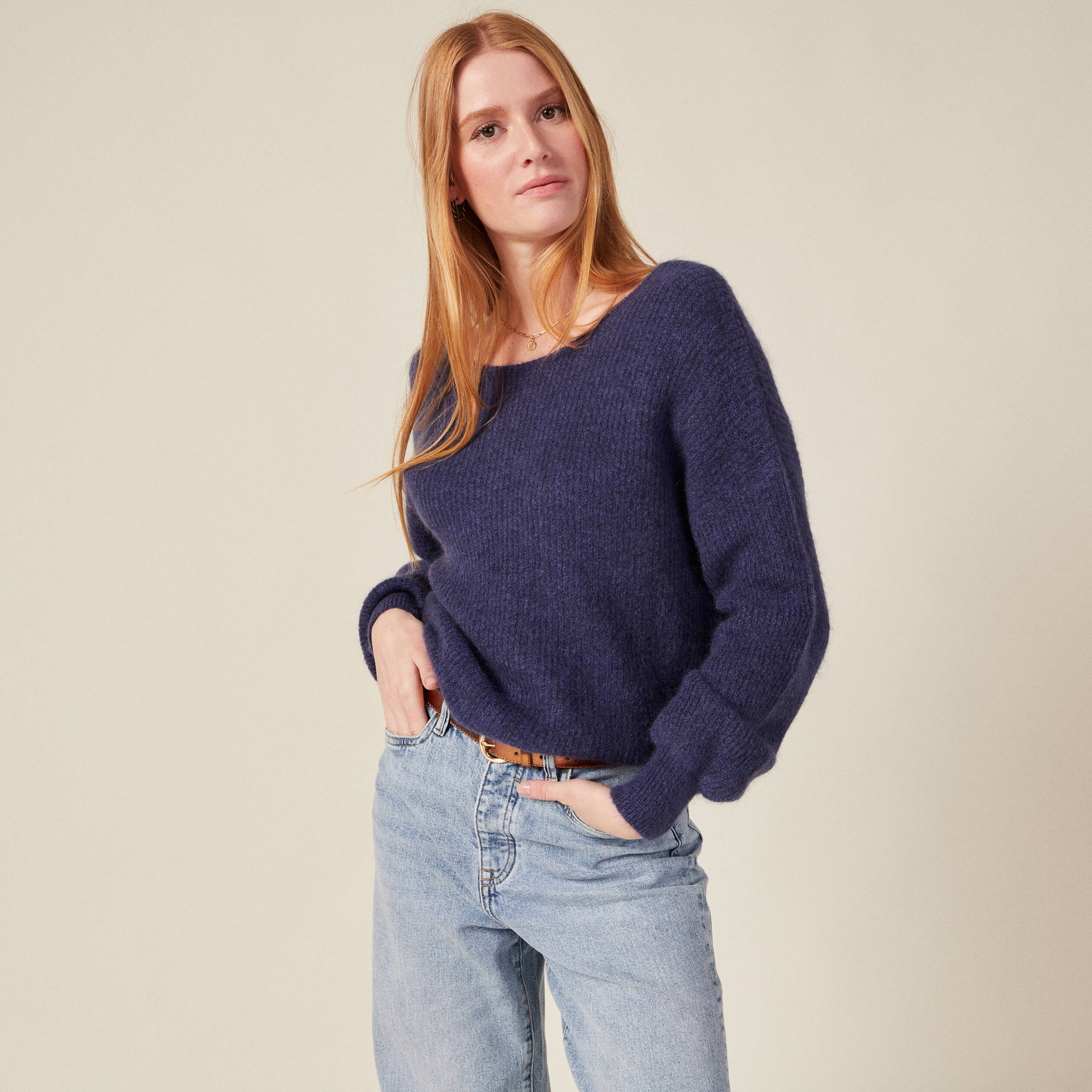 Pull manches longues 2-en-1 bleu marine femme