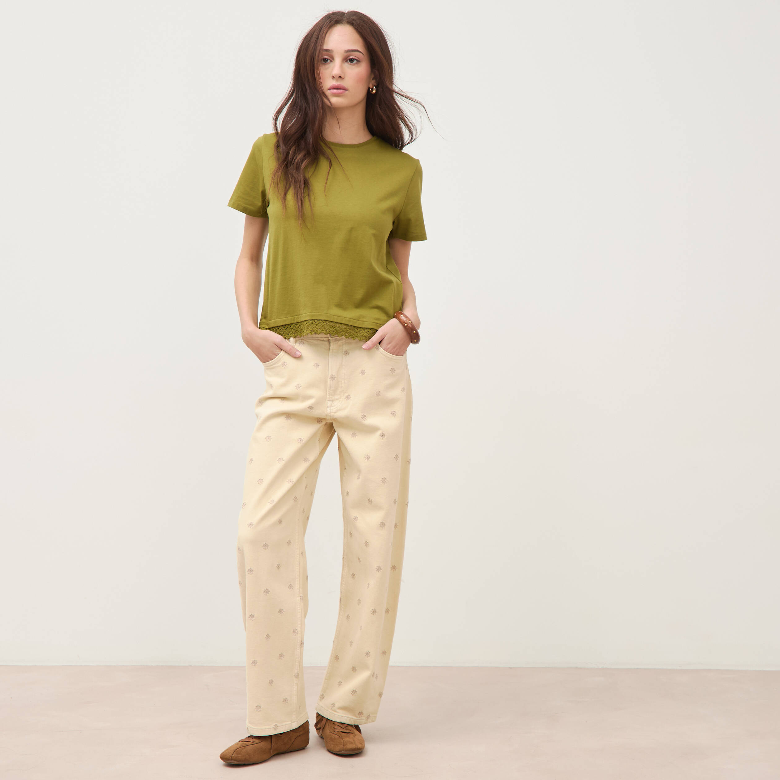 T-shirt droit col rond manches courtes vert kaki femme