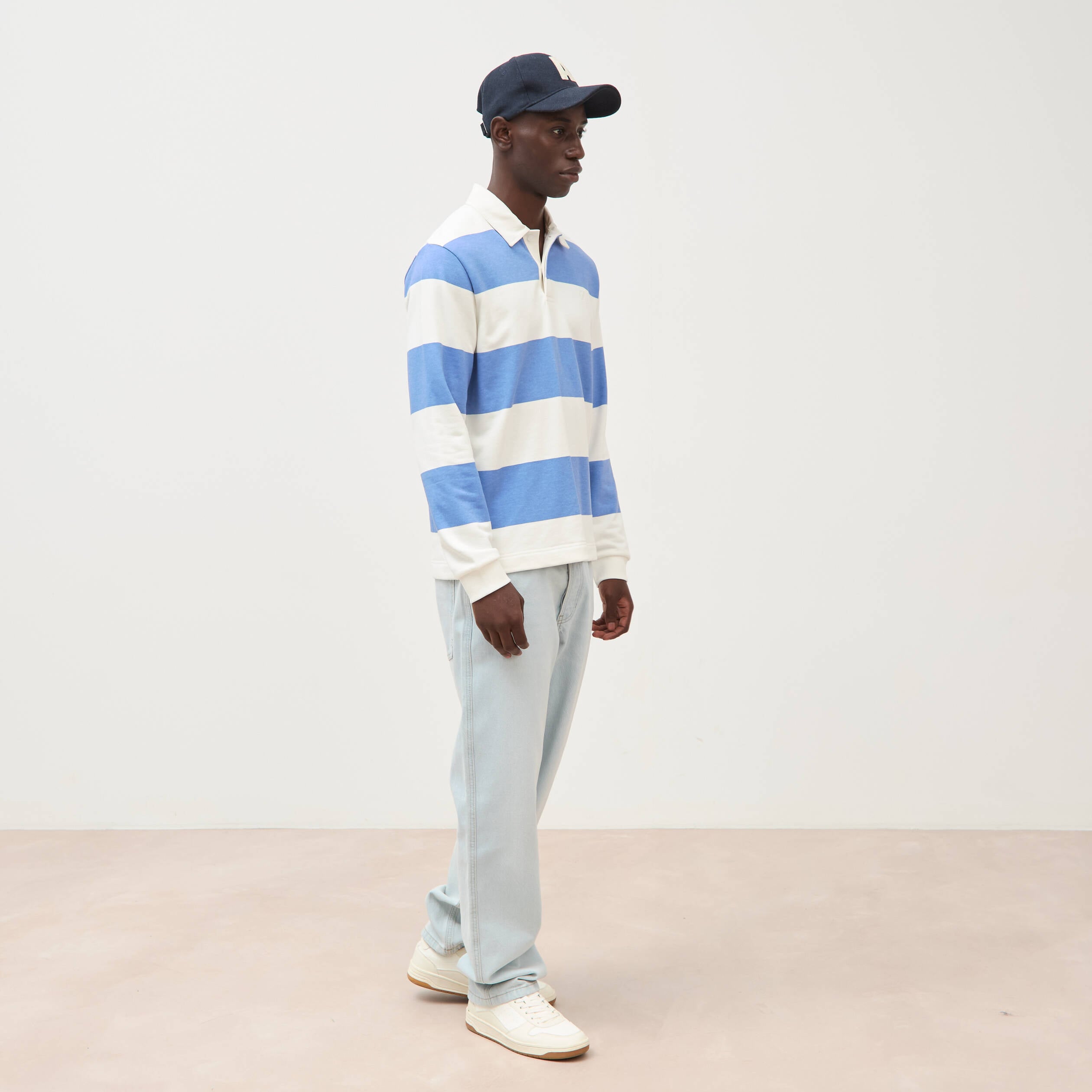 Polo manches longues broderie bleu violet homme
