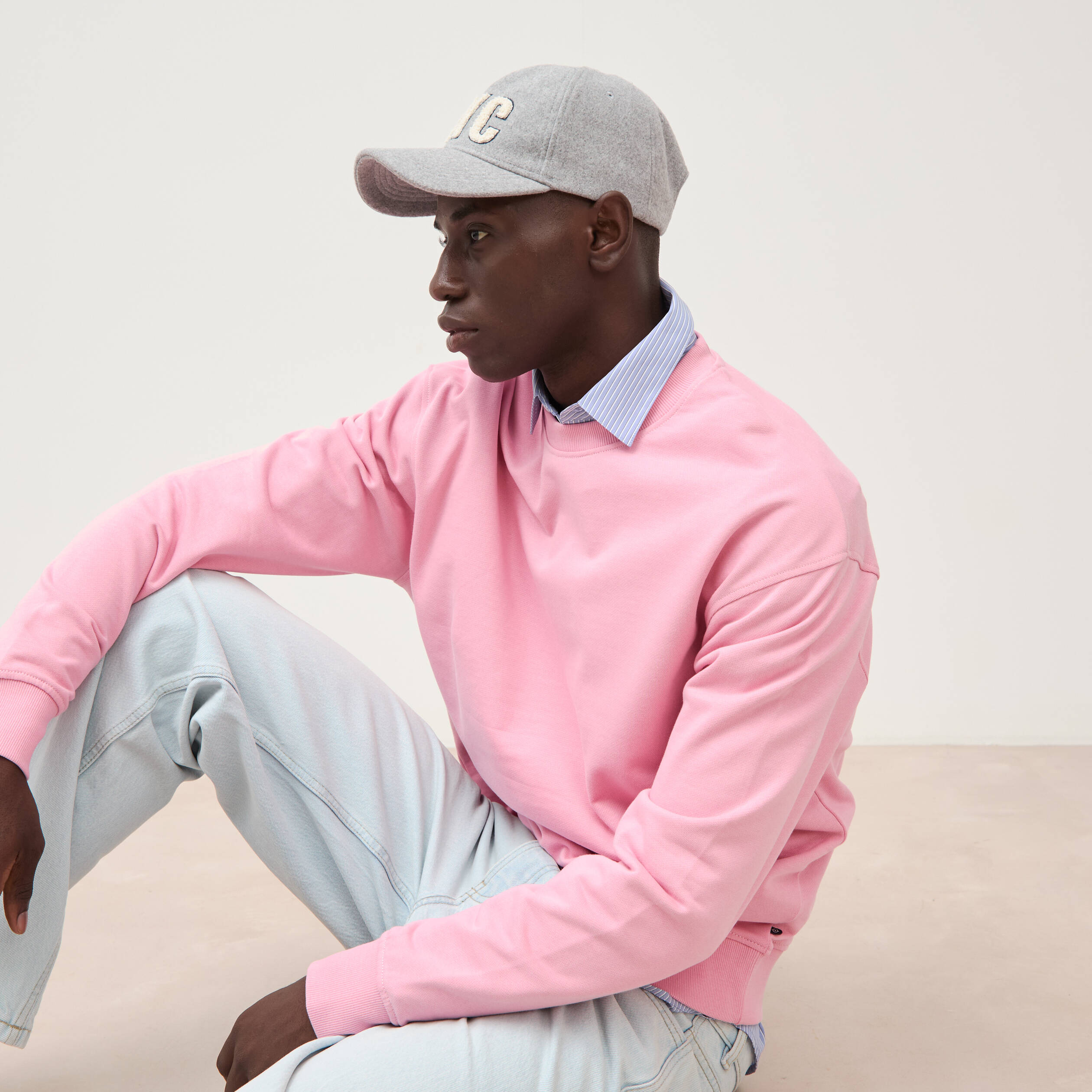 Sweat col rond manches longues en coton rose homme